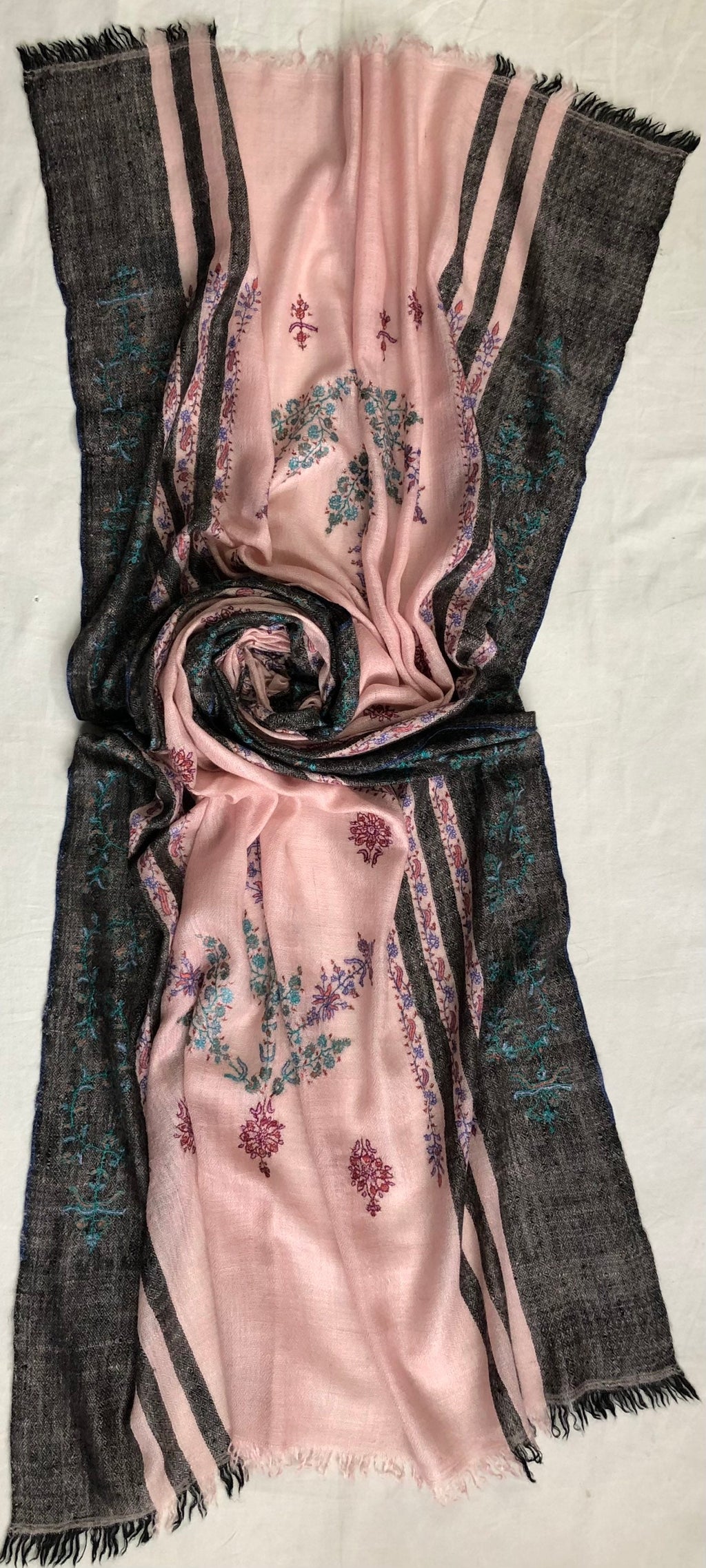 Silver pink modern design sozni fine hand embroidered real cashmere pashmina stole scarf shawl - Mehraj Crafts 