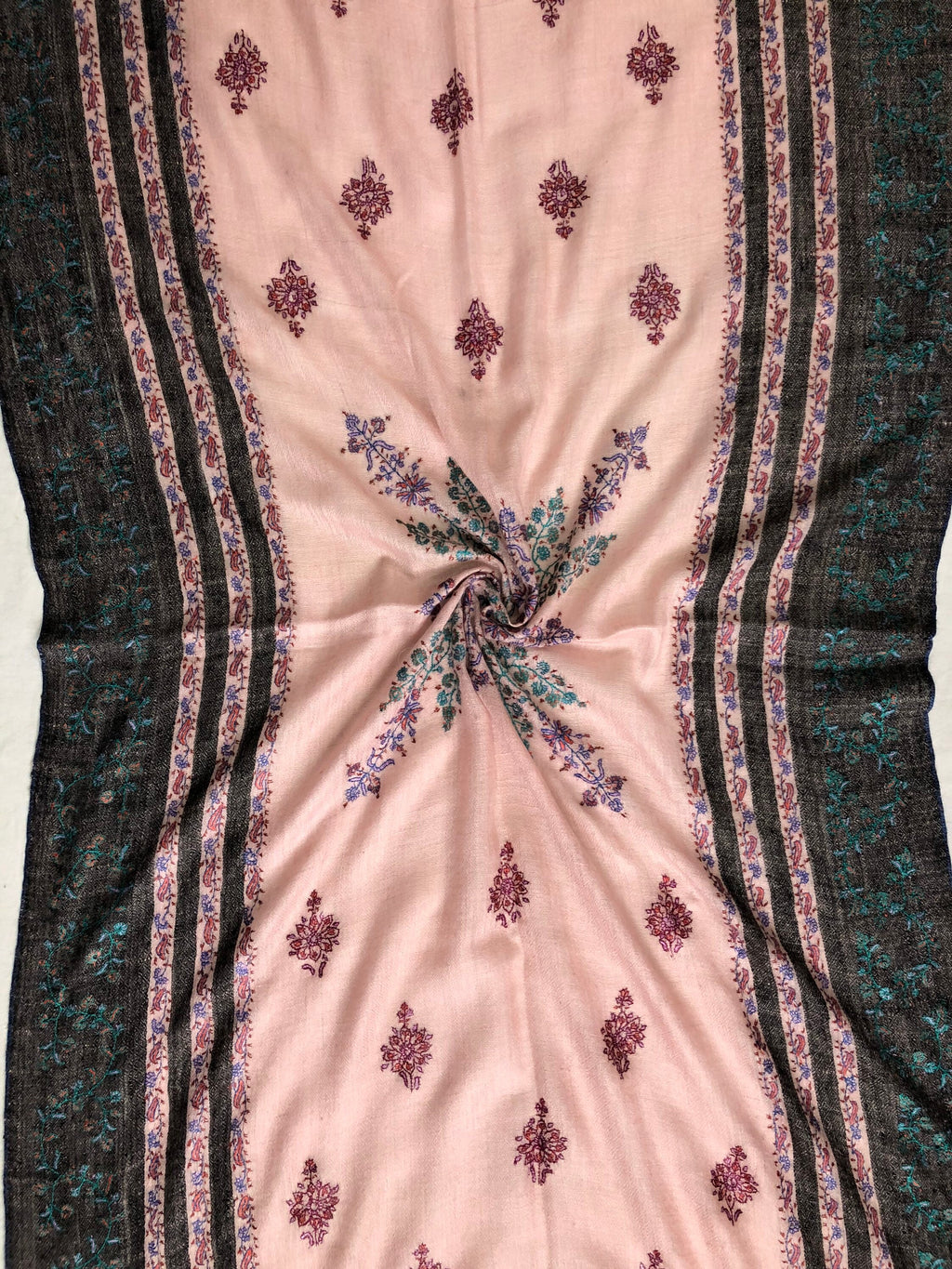 Silver pink modern design sozni fine hand embroidered real cashmere pashmina stole scarf shawl - Mehraj Crafts 