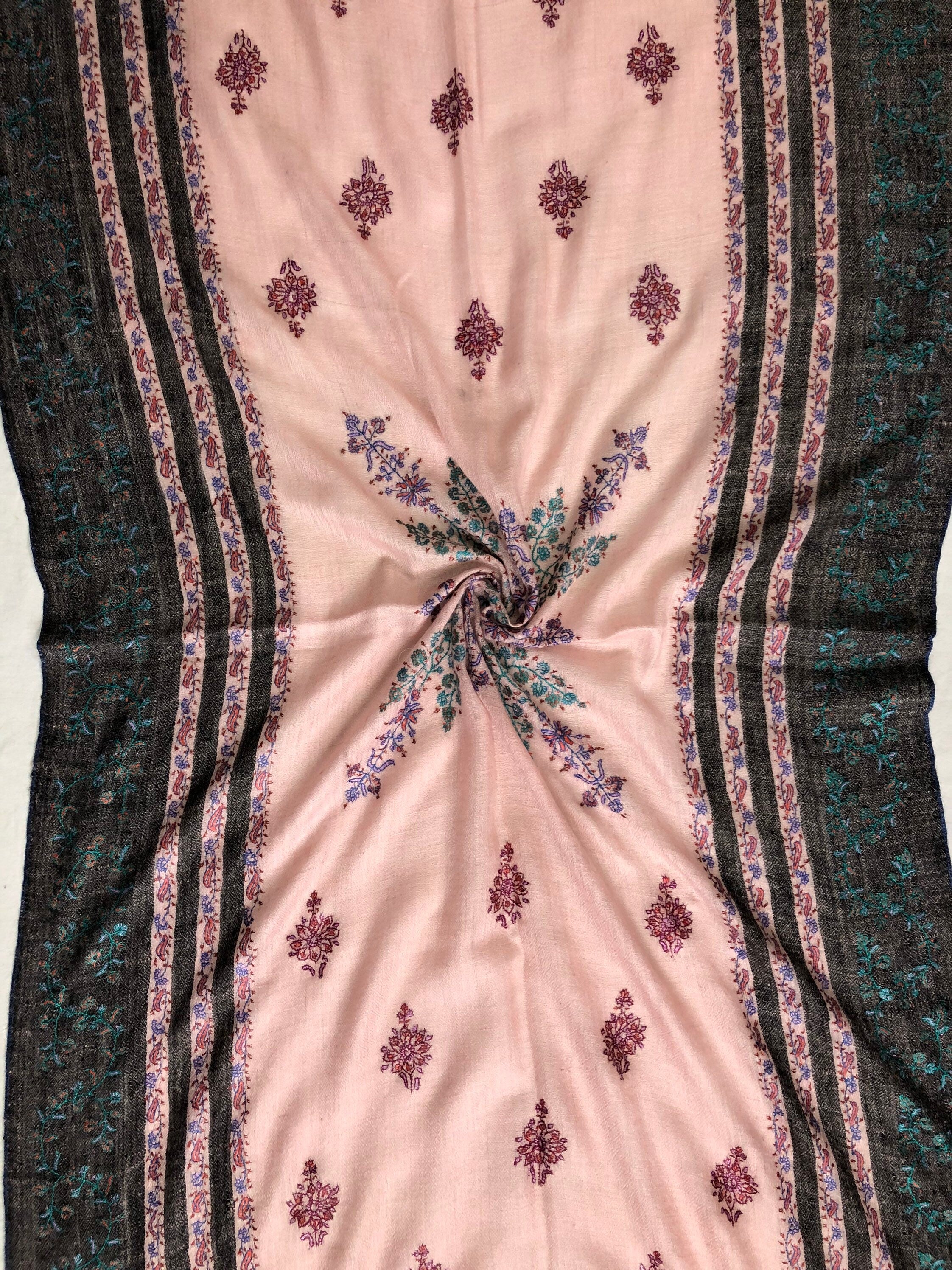 Silver pink modern design sozni fine hand embroidered real cashmere pashmina stole scarf shawl - Mehraj Crafts 