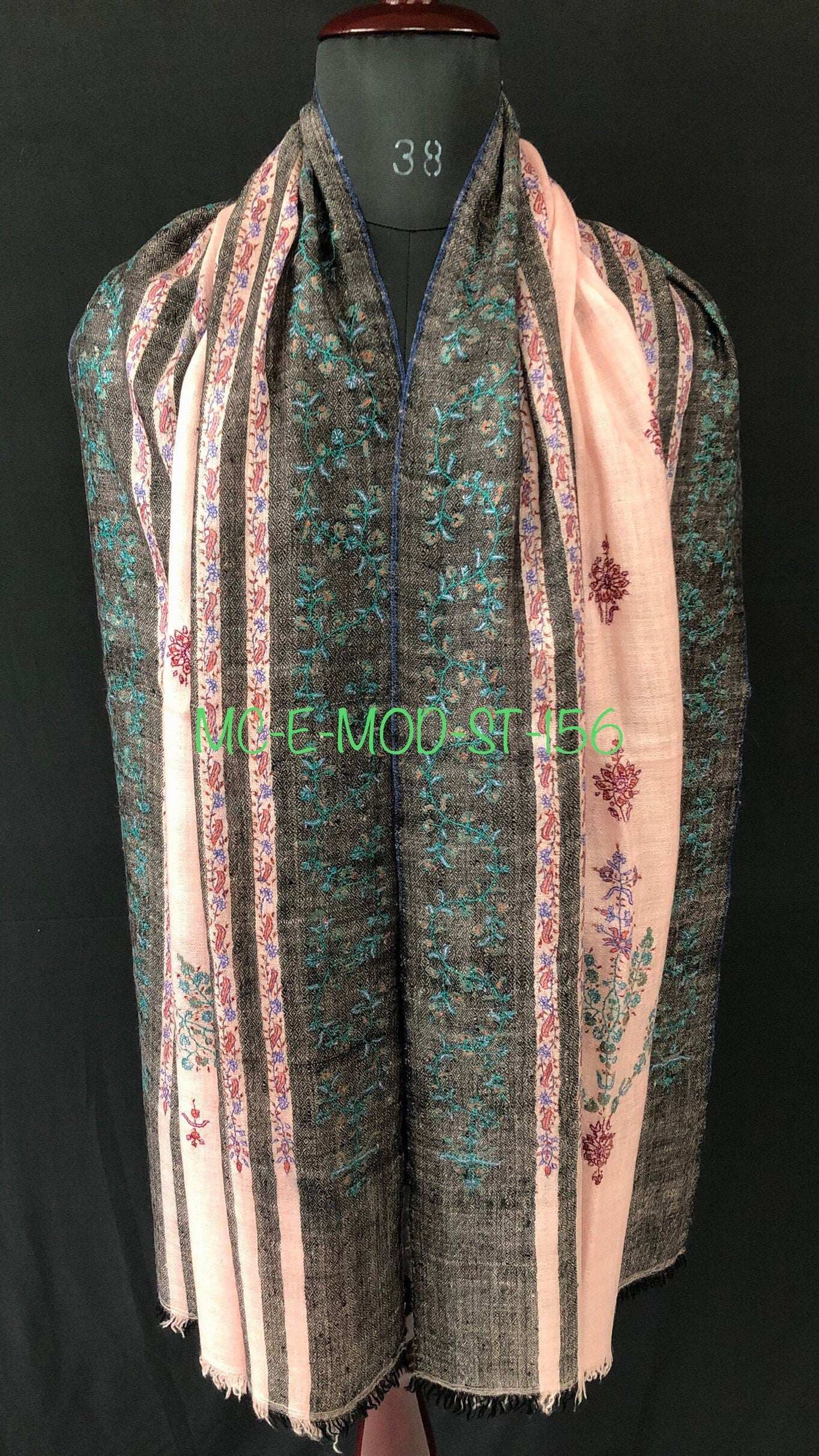 Silver pink modern design sozni fine hand embroidered real cashmere pashmina stole scarf shawl - Mehraj Crafts 