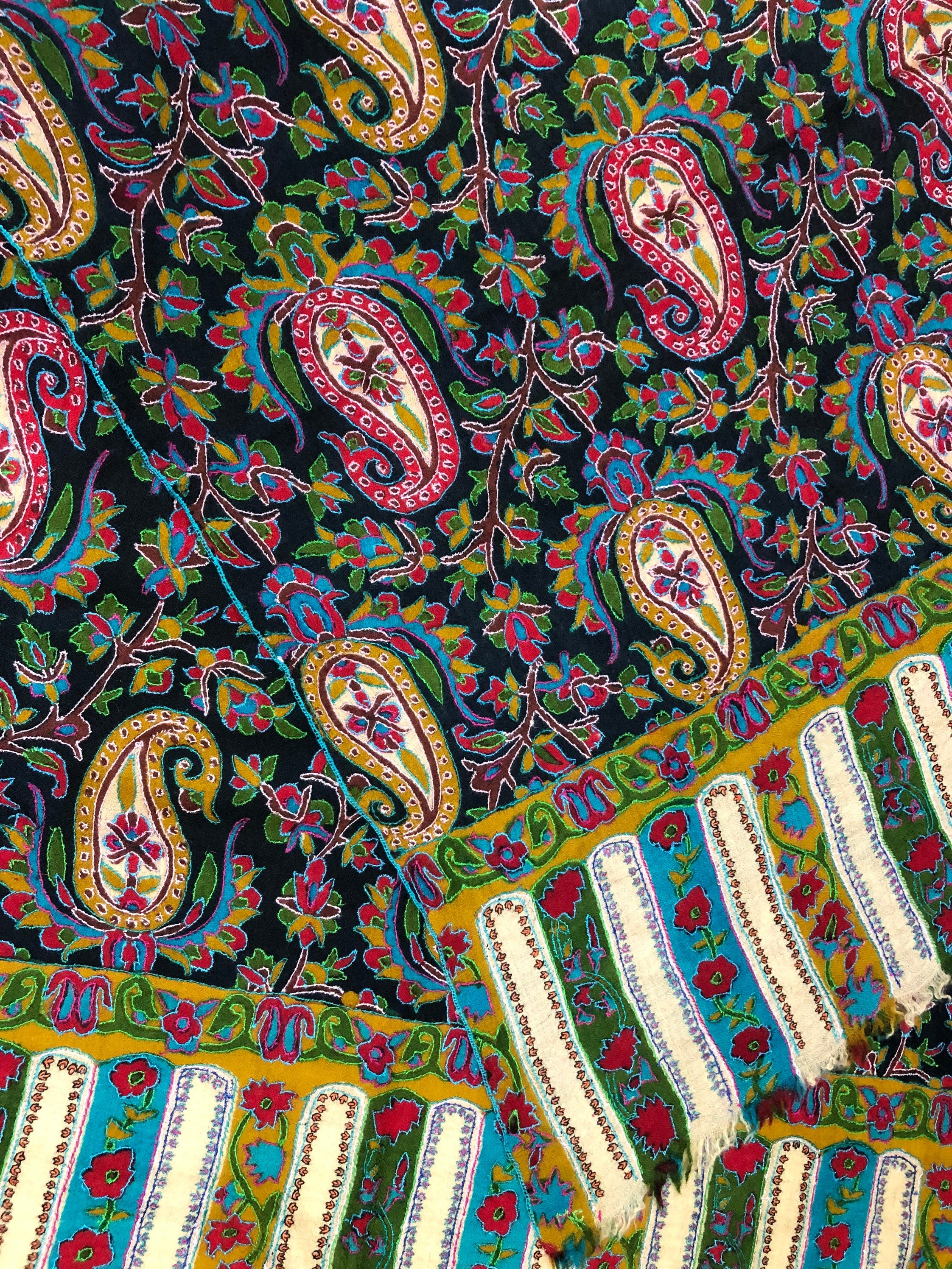 English ivy exclusive paisley pattern print outlined embroidered jamawar handcrafted real cashmere pashmina stole scarf shawl - Mehraj Crafts 