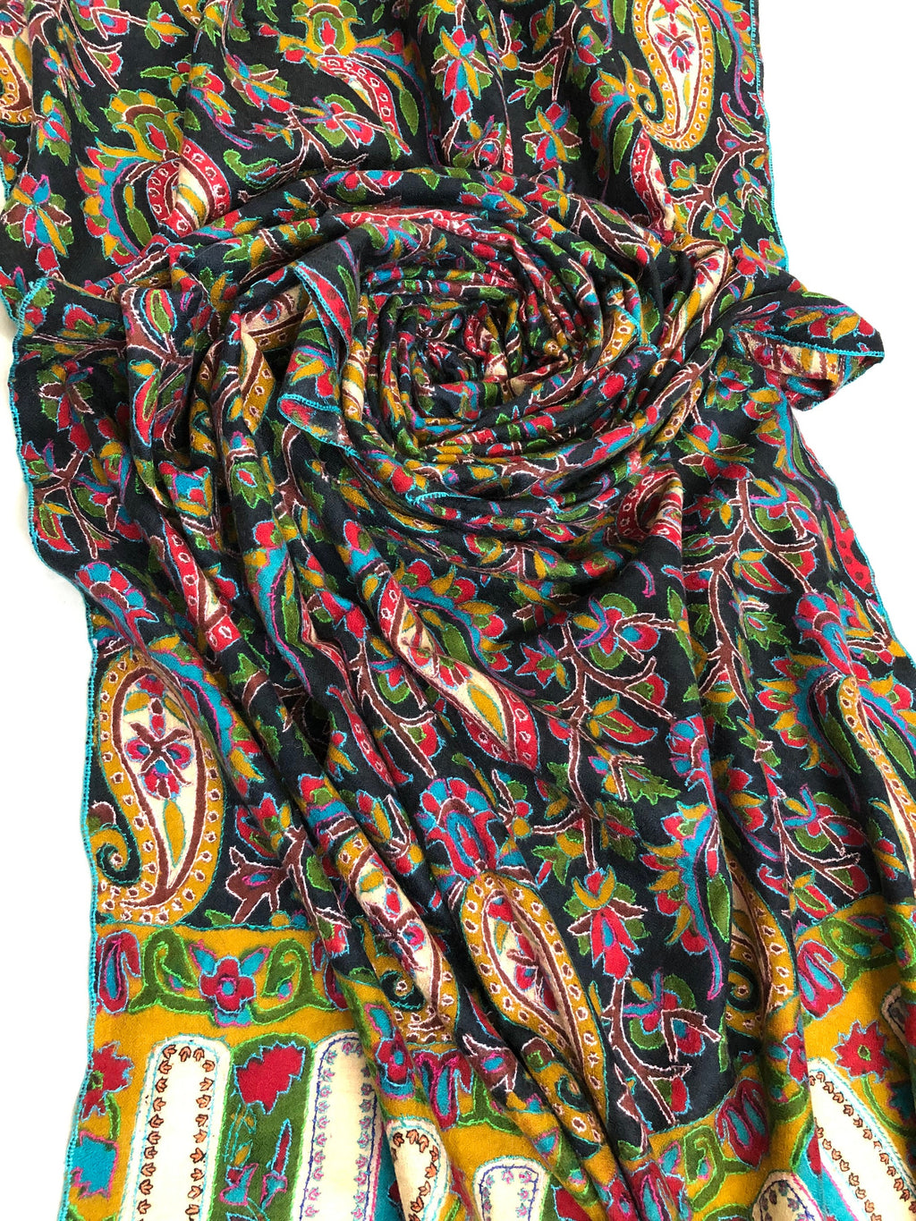 English ivy exclusive paisley pattern print outlined embroidered jamawar handcrafted real cashmere pashmina stole scarf shawl - Mehraj Crafts 