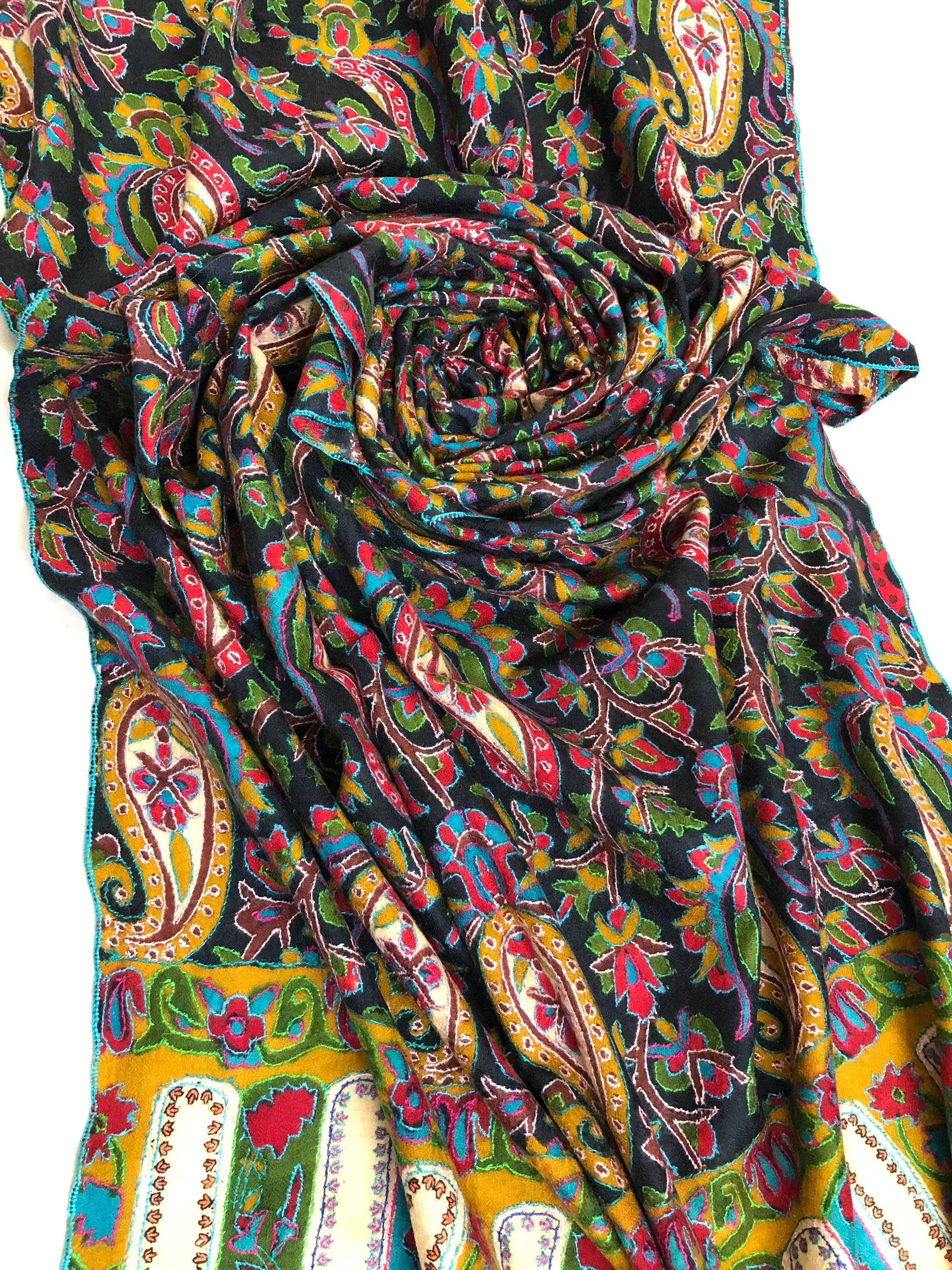 English ivy exclusive paisley pattern print outlined embroidered jamawar handcrafted real cashmere pashmina stole scarf shawl - Mehraj Crafts 