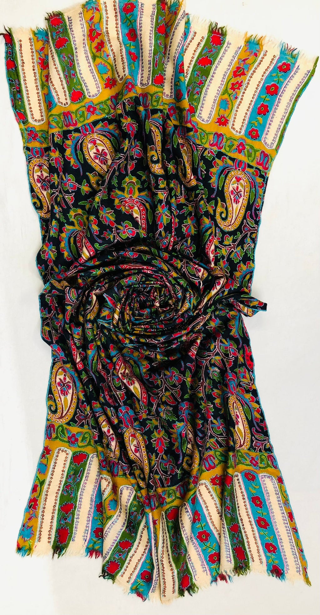 English ivy exclusive paisley pattern print outlined embroidered jamawar handcrafted real cashmere pashmina stole scarf shawl - Mehraj Crafts 