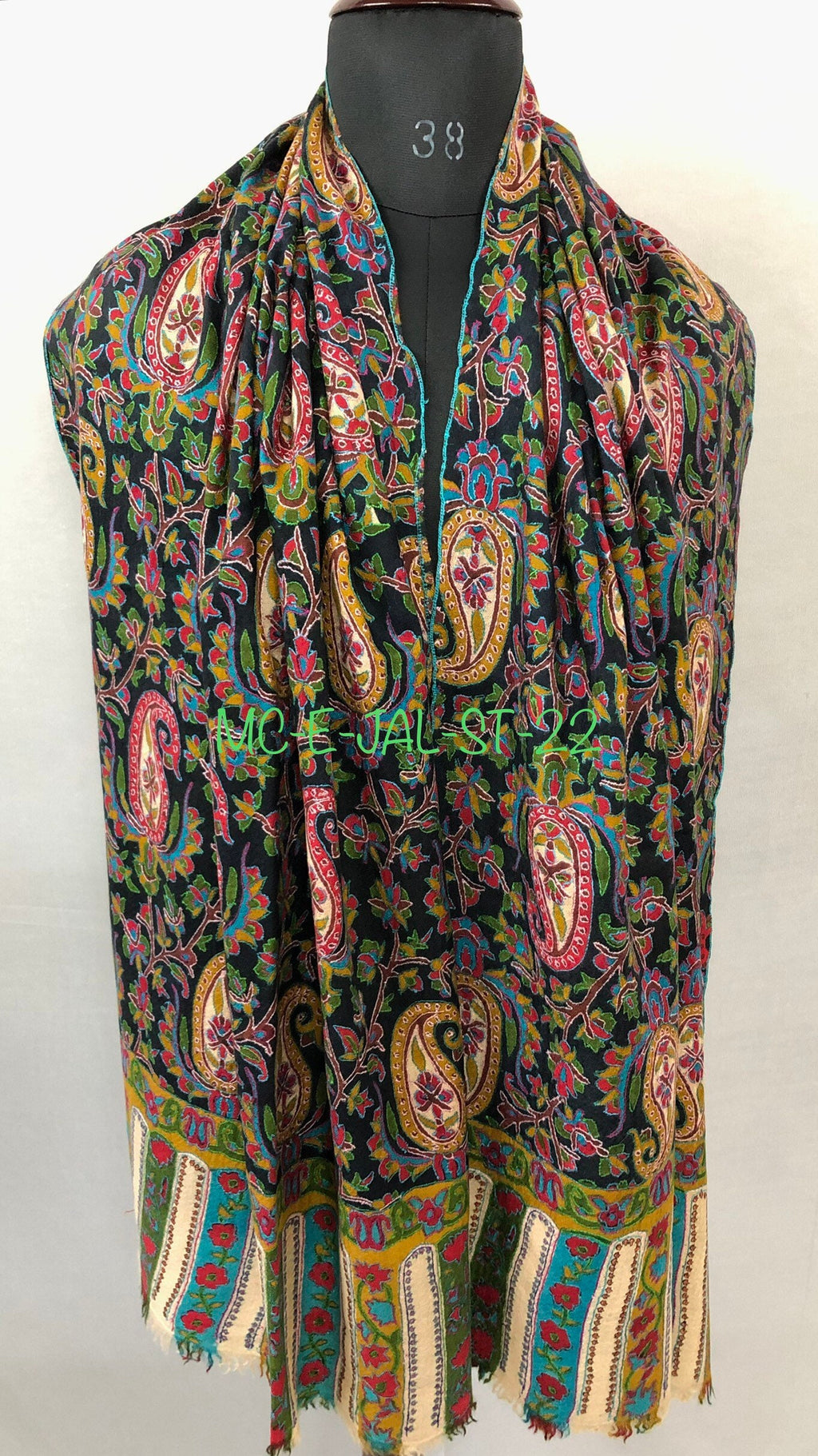 English ivy exclusive paisley pattern print outlined embroidered jamawar handcrafted real cashmere pashmina stole scarf shawl - Mehraj Crafts 