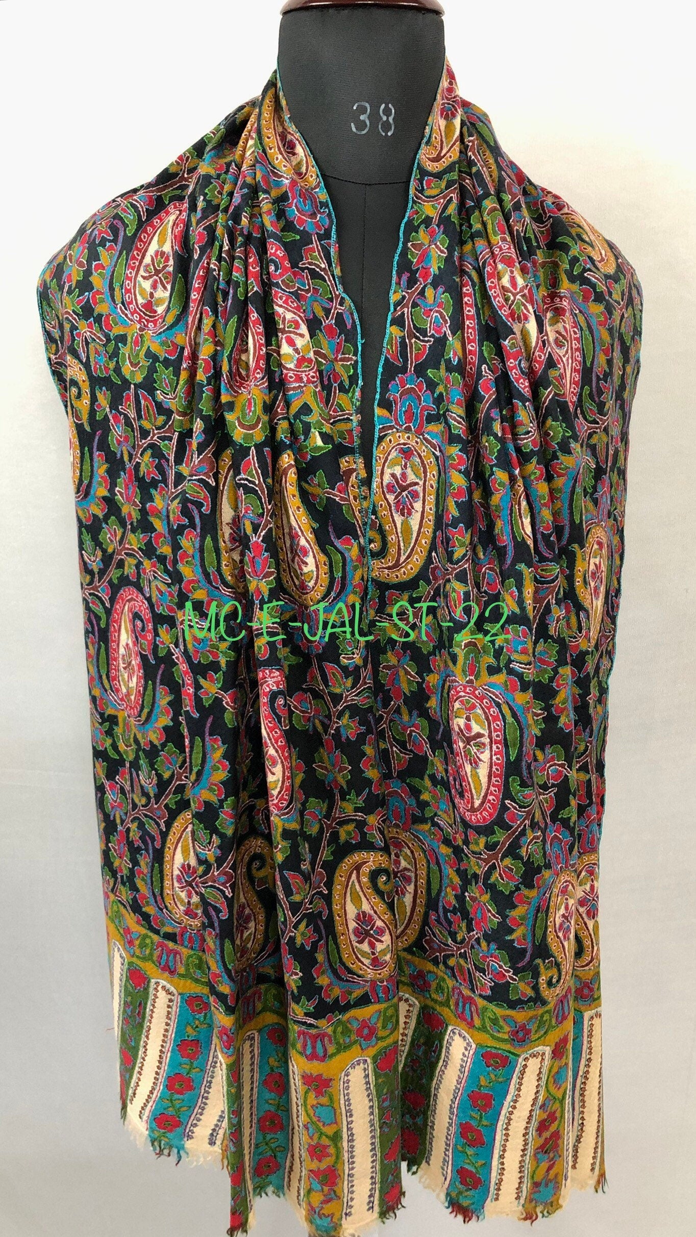 English ivy exclusive paisley pattern print outlined embroidered jamawar handcrafted real cashmere pashmina stole scarf shawl - Mehraj Crafts 