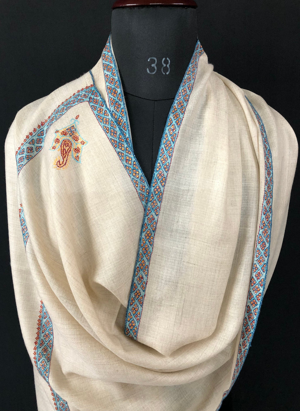 pashmina shawl for women Whitecap grey sozni super fine hand Embroidered border handwoven real cashmere pashmina stole scarf shawl - Mehraj Crafts 