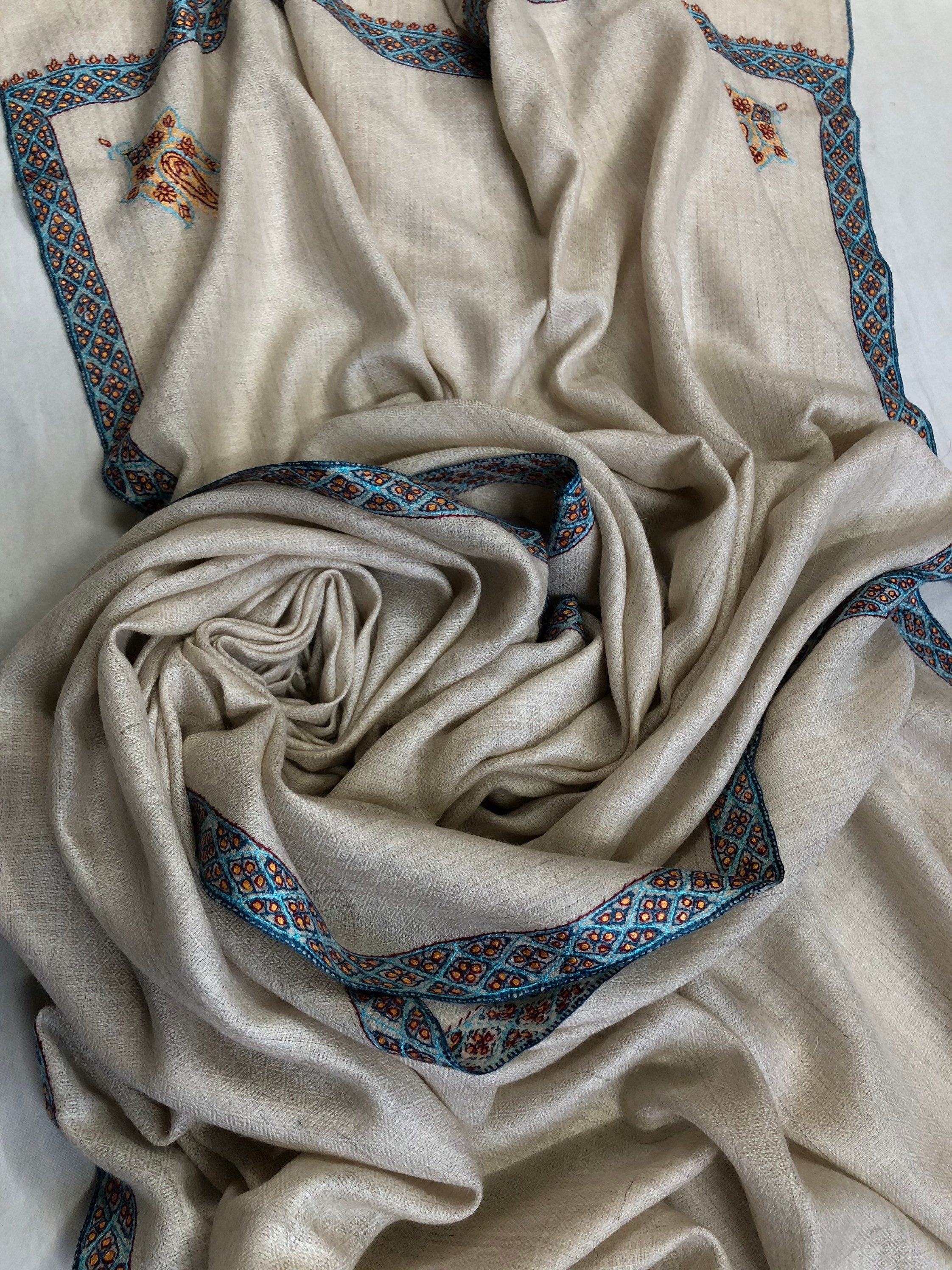 pashmina shawl for women Whitecap grey sozni super fine hand Embroidered border handwoven real cashmere pashmina stole scarf shawl - Mehraj Crafts 