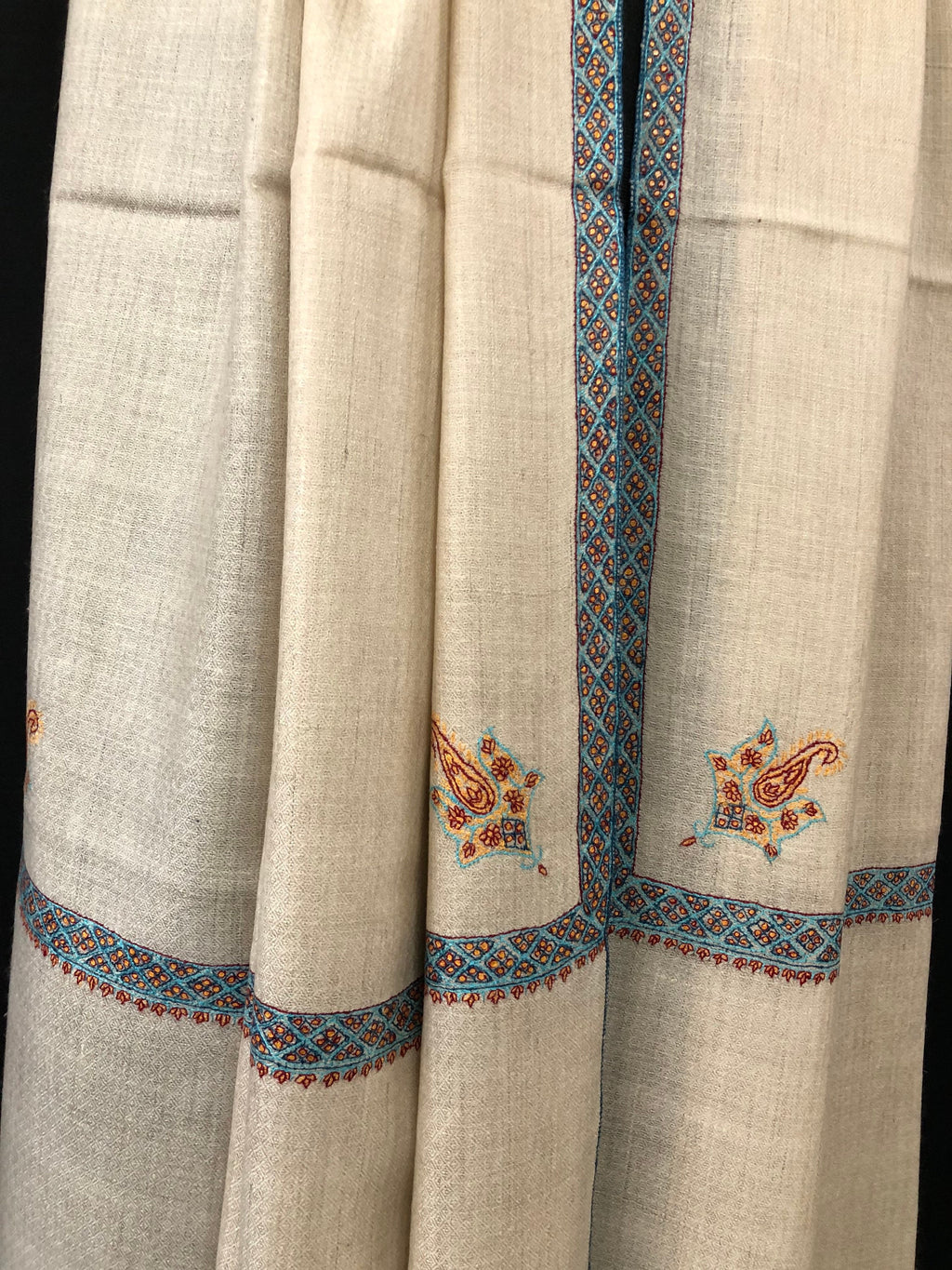 pashmina shawl for women Whitecap grey sozni super fine hand Embroidered border handwoven real cashmere pashmina stole scarf shawl - Mehraj Crafts 