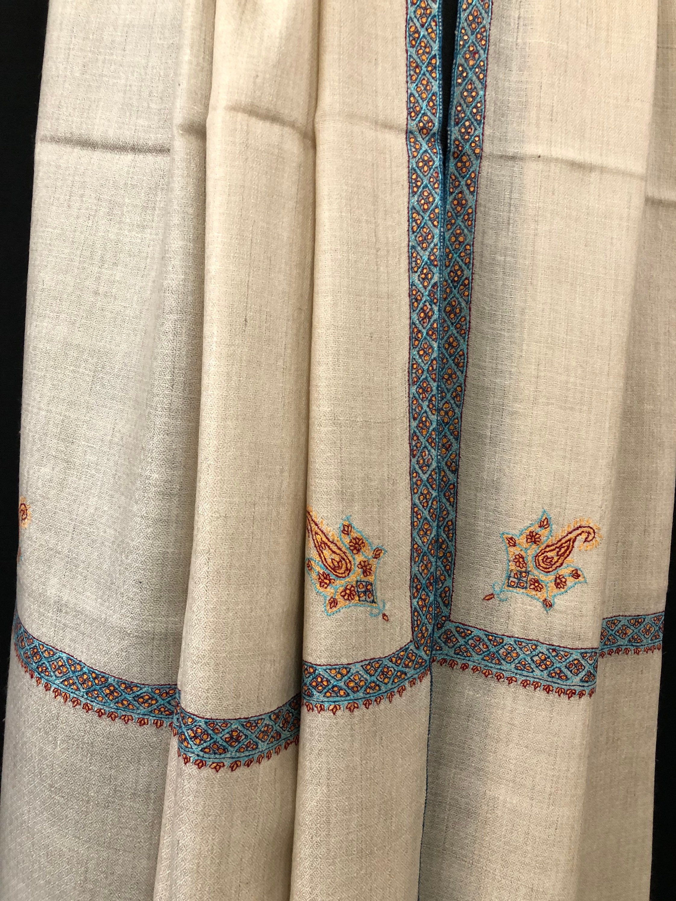 pashmina shawl for women Whitecap grey sozni super fine hand Embroidered border handwoven real cashmere pashmina stole scarf shawl - Mehraj Crafts 
