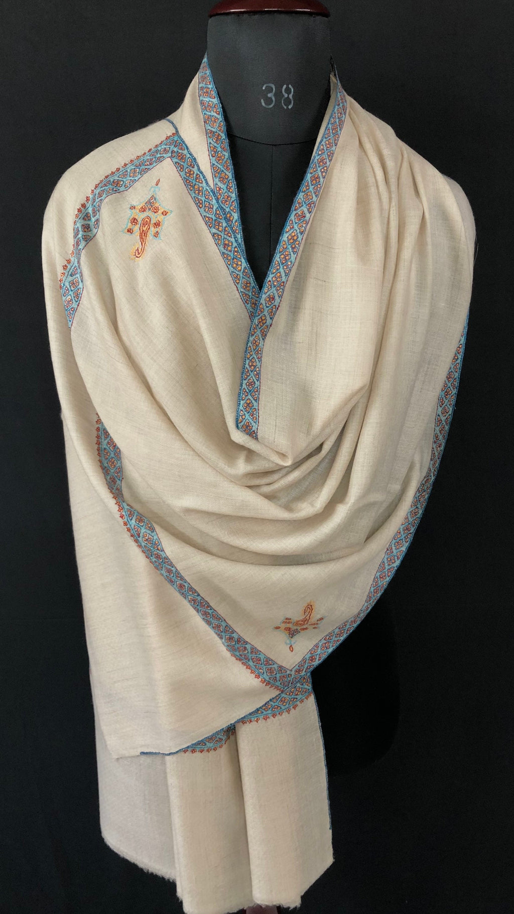 pashmina shawl for women Whitecap grey sozni super fine hand Embroidered border handwoven real cashmere pashmina stole scarf shawl - Mehraj Crafts 