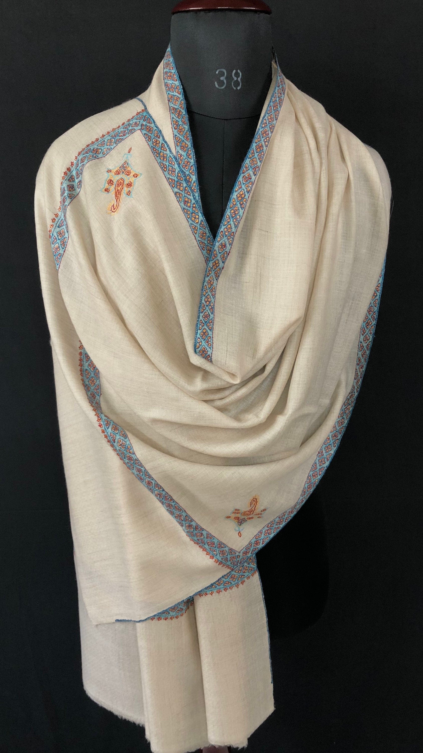 pashmina shawl for women Whitecap grey sozni super fine hand Embroidered border handwoven real cashmere pashmina stole scarf shawl - Mehraj Crafts 