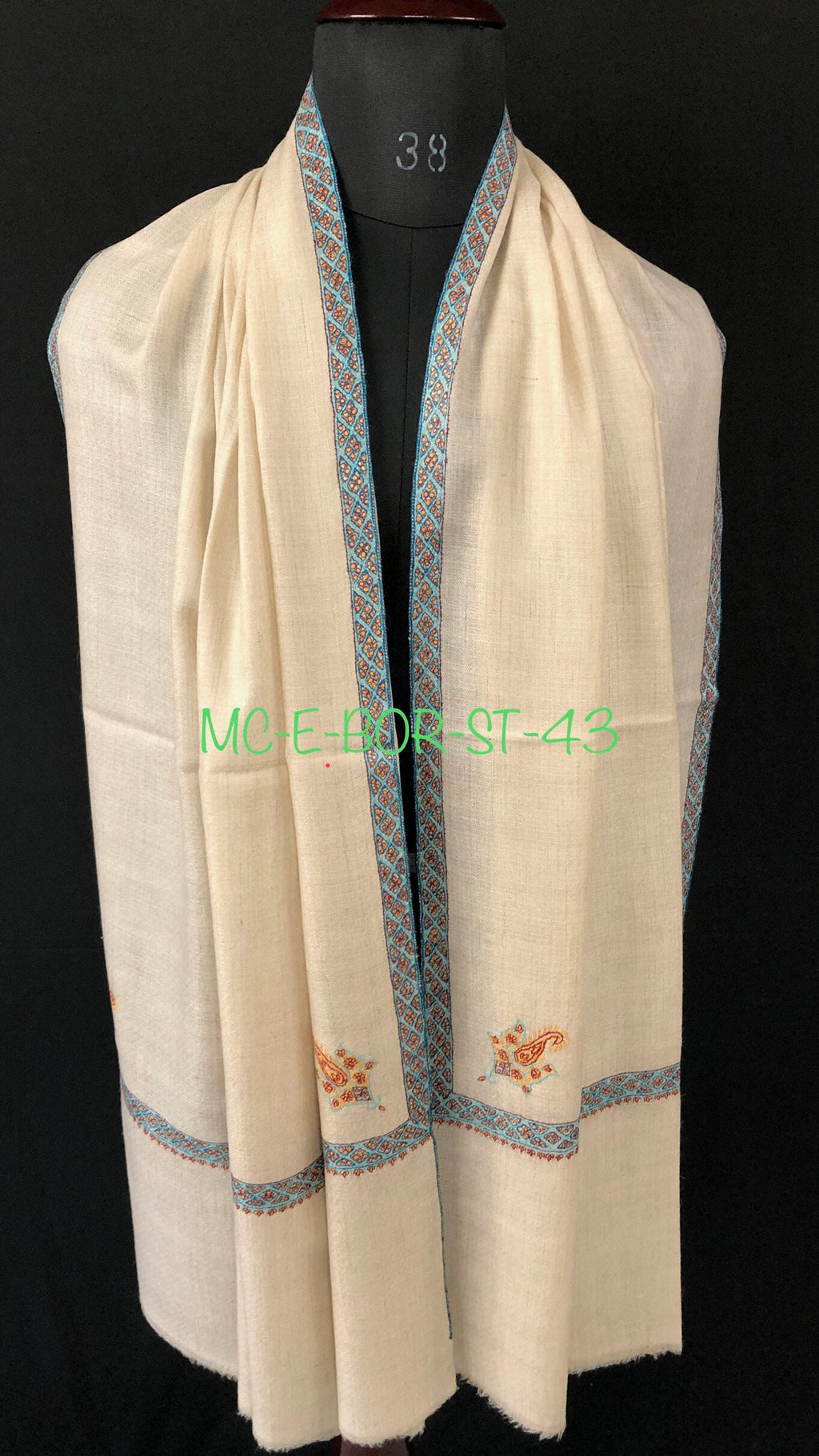 pashmina shawl for women Whitecap grey sozni super fine hand Embroidered border handwoven real cashmere pashmina stole scarf shawl - Mehraj Crafts 