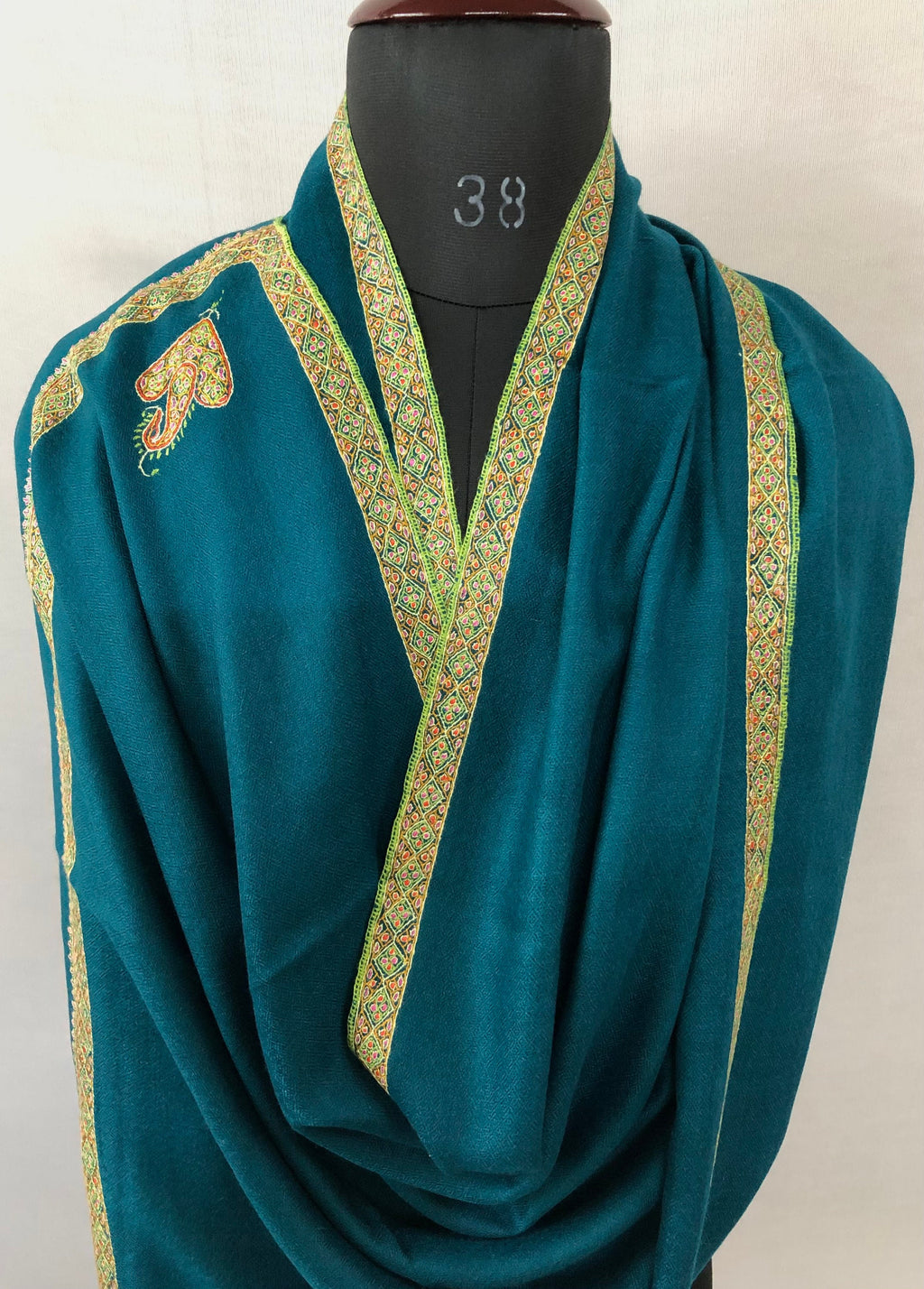 pashmina shawl for women Ocean depths sozni super fine hand Embroidered border handwoven real cashmere pashmina stole scarf shawl - Mehraj Crafts 