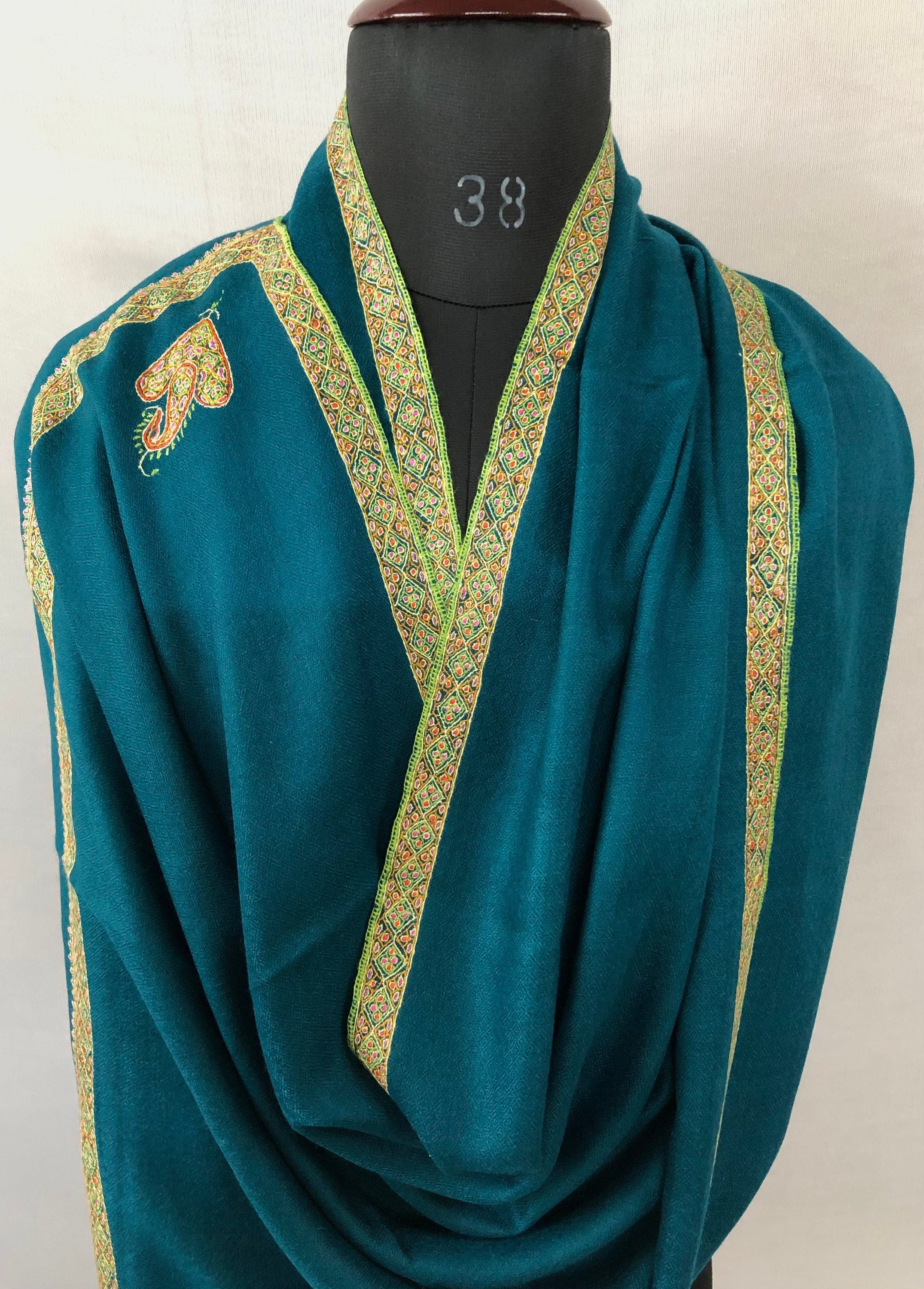 pashmina shawl for women Ocean depths sozni super fine hand Embroidered border handwoven real cashmere pashmina stole scarf shawl - Mehraj Crafts 