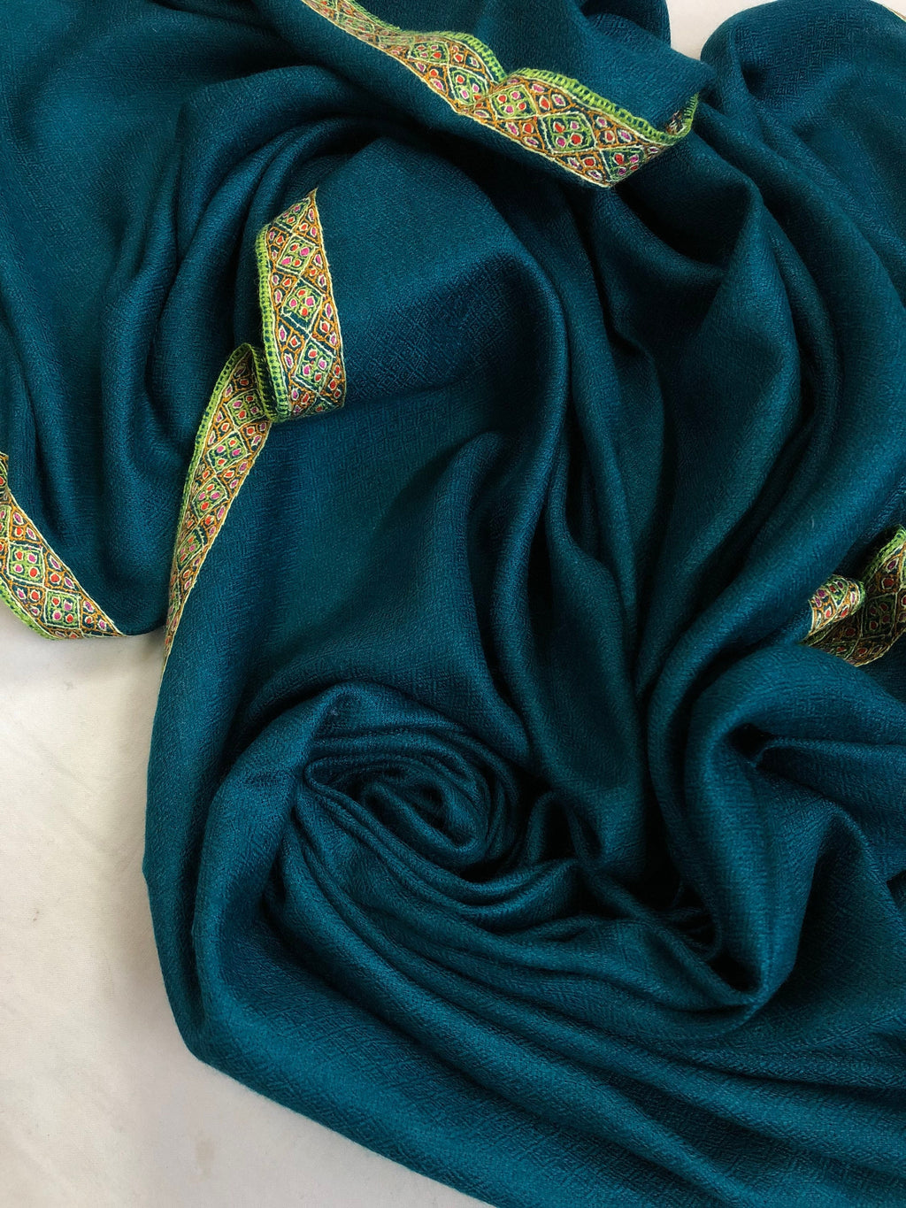 pashmina shawl for women Ocean depths sozni super fine hand Embroidered border handwoven real cashmere pashmina stole scarf shawl - Mehraj Crafts 