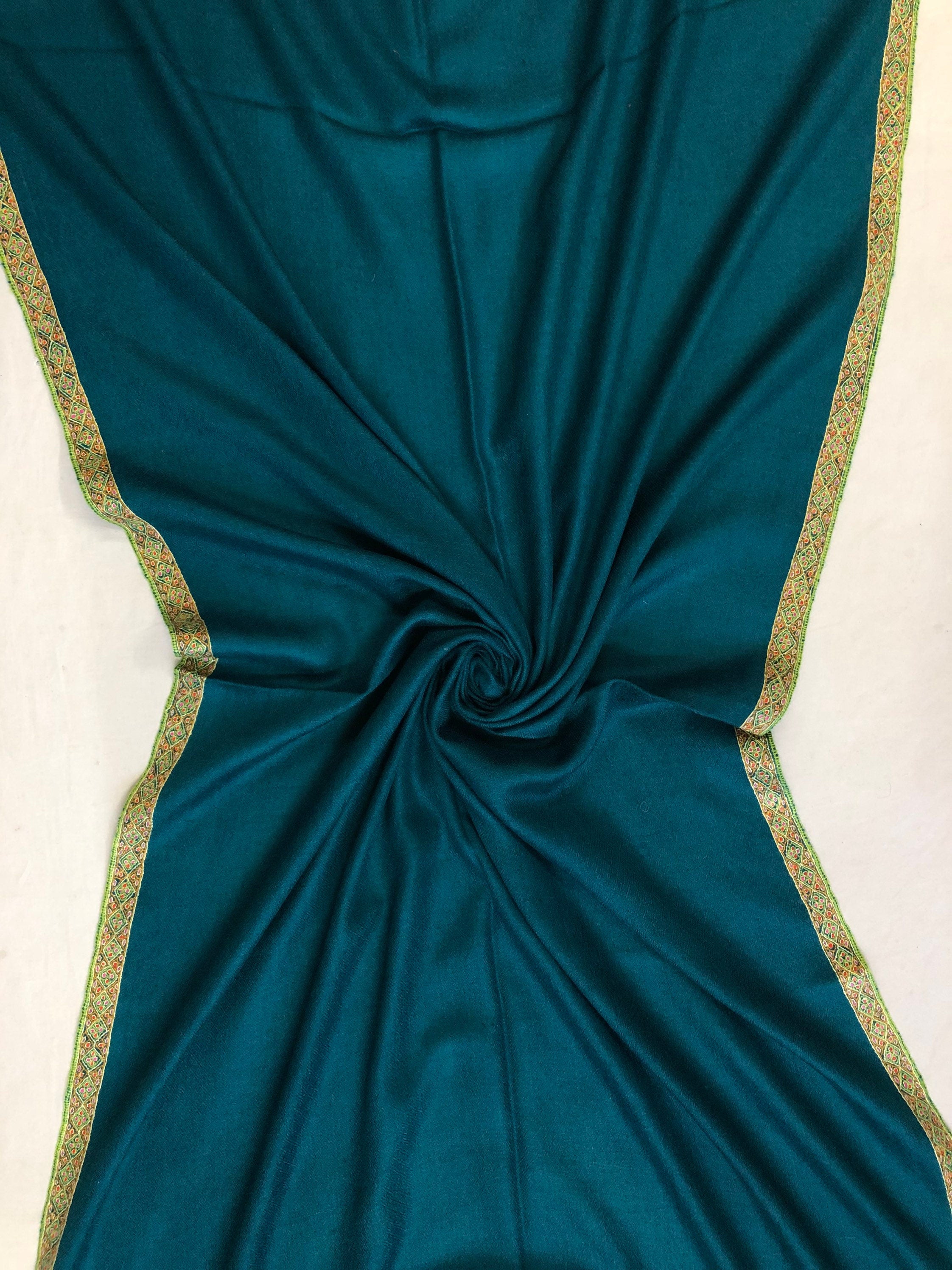 pashmina shawl for women Ocean depths sozni super fine hand Embroidered border handwoven real cashmere pashmina stole scarf shawl - Mehraj Crafts 