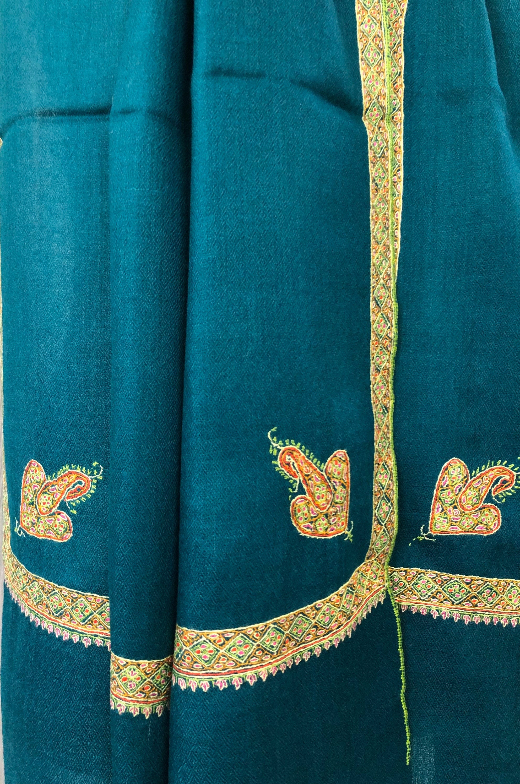 pashmina shawl for women Ocean depths sozni super fine hand Embroidered border handwoven real cashmere pashmina stole scarf shawl - Mehraj Crafts 