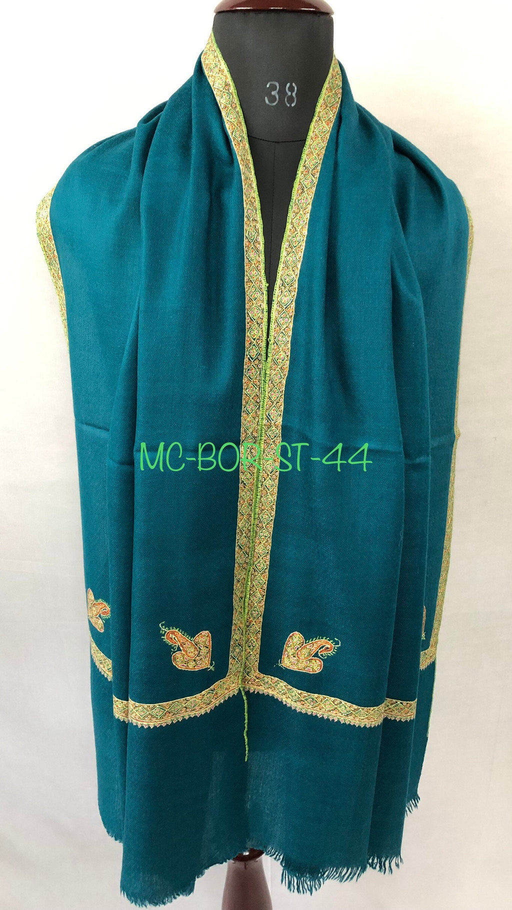 Handwoven Cashmere Pashmina Shawl: Ocean Depths Sozni Embroidered Border