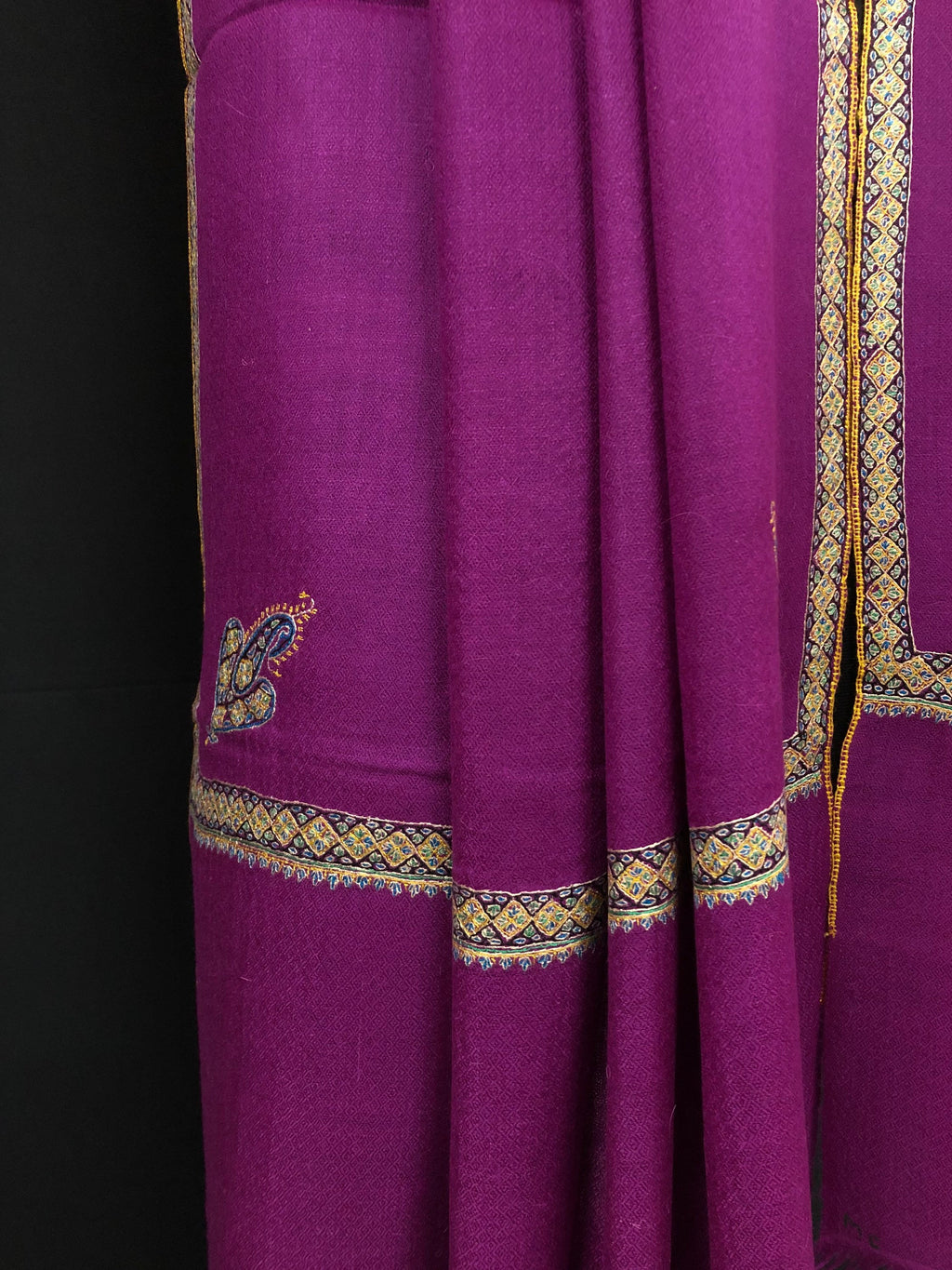 pashmina shawl for women Deep orchid sozni super fine hand Embroidered border handwoven real cashmere pashmina stole scarf shawl - Mehraj Crafts 