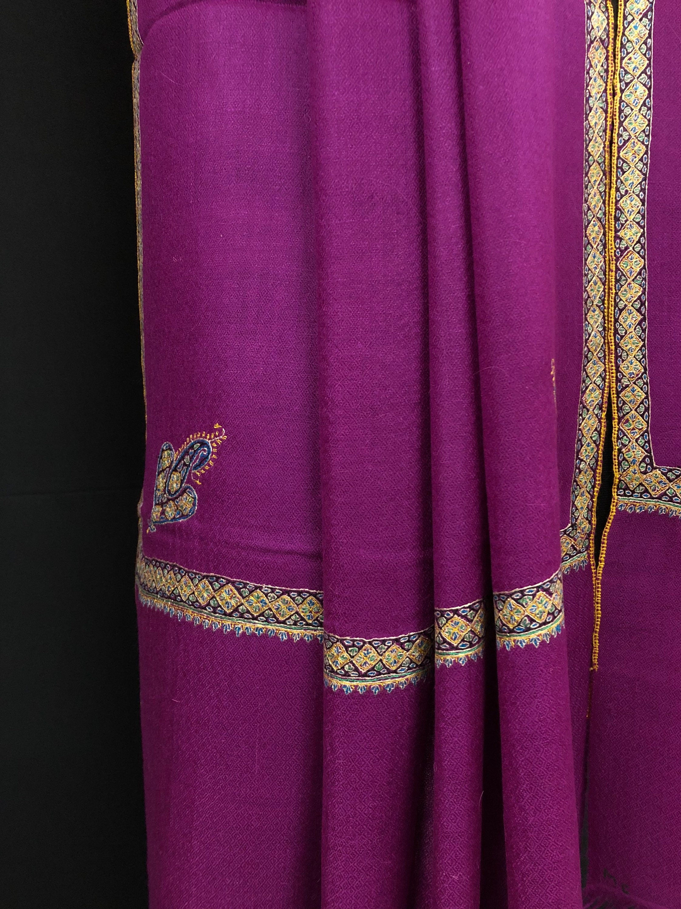 pashmina shawl for women Deep orchid sozni super fine hand Embroidered border handwoven real cashmere pashmina stole scarf shawl - Mehraj Crafts 