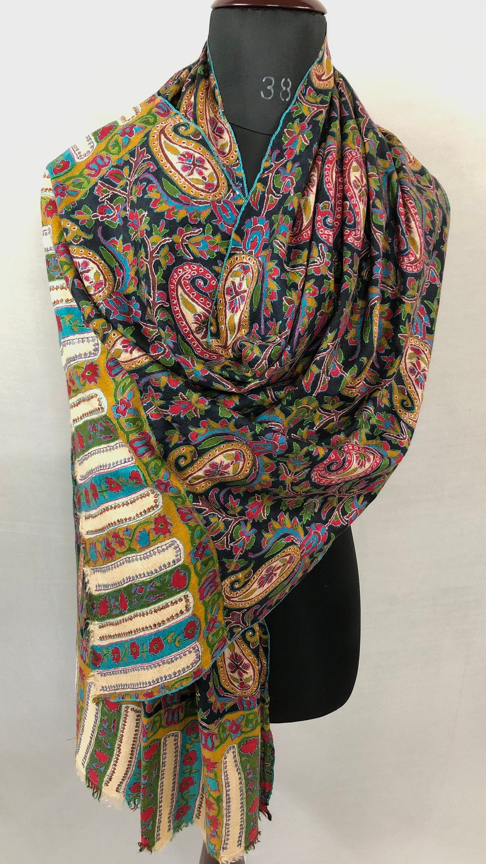 English ivy exclusive paisley pattern print outlined embroidered jamawar handcrafted real cashmere pashmina stole scarf shawl - Mehraj Crafts 