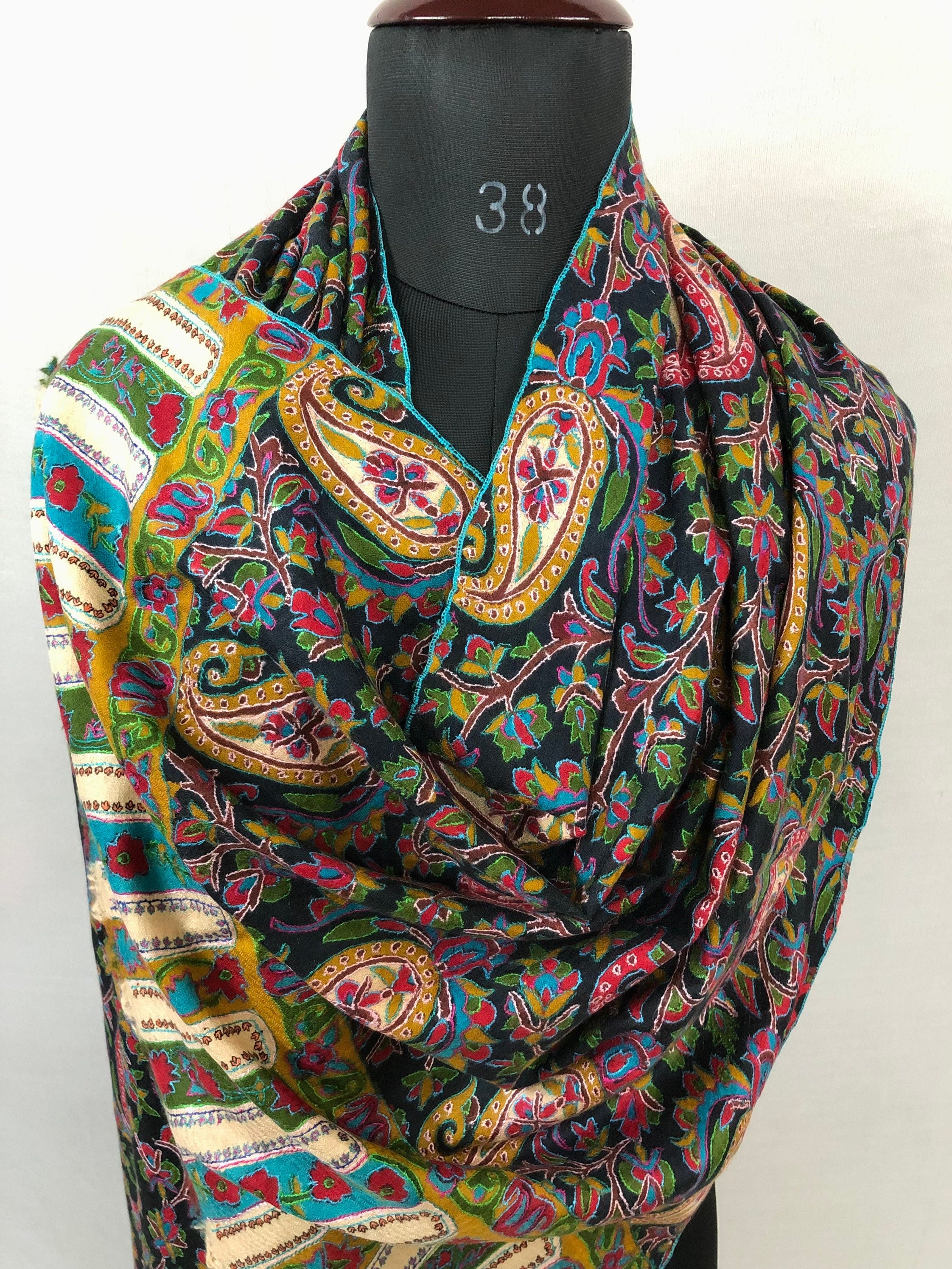 English ivy exclusive paisley pattern print outlined embroidered jamawar handcrafted real cashmere pashmina stole scarf shawl - Mehraj Crafts 