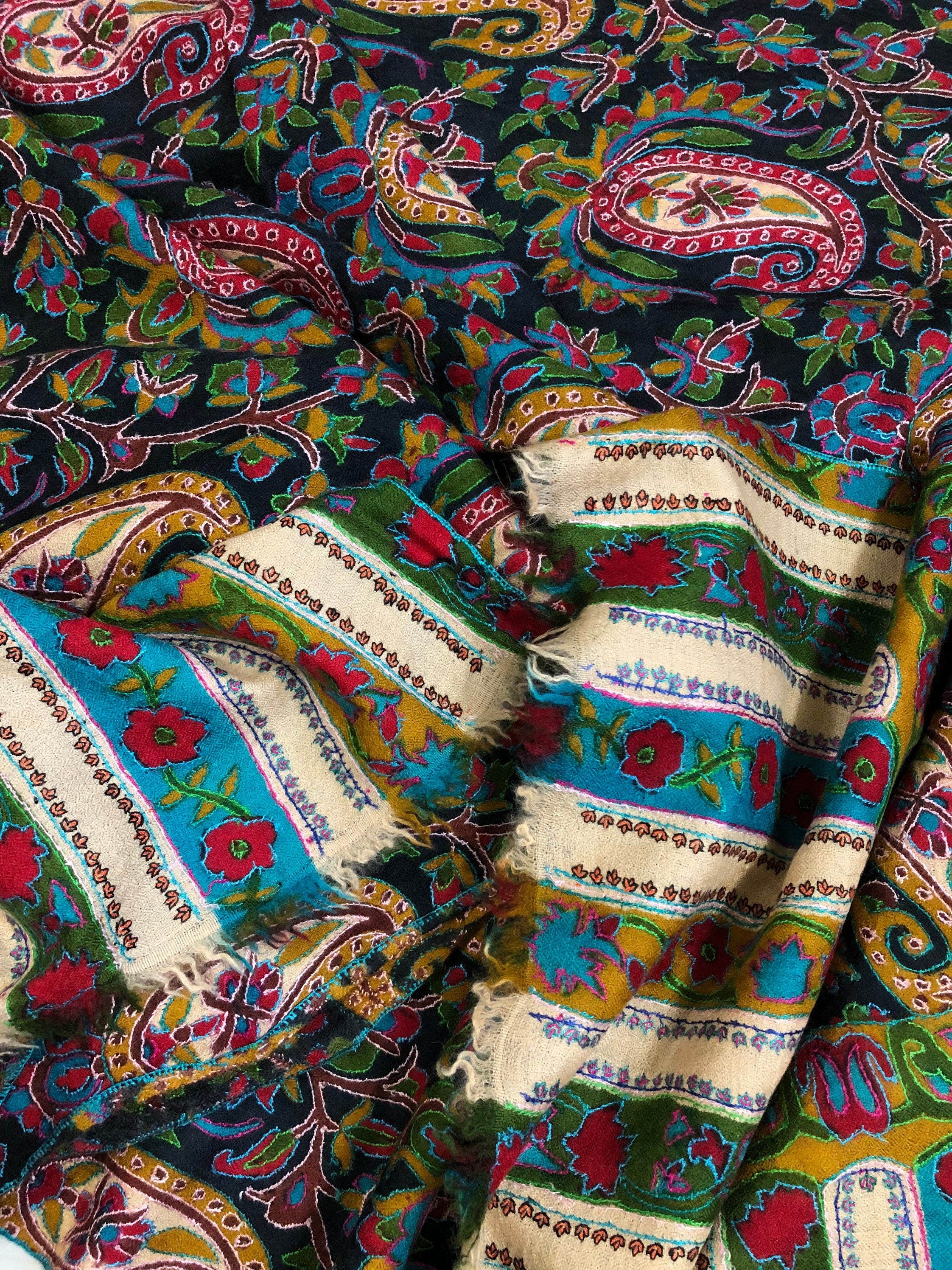 English ivy exclusive paisley pattern print outlined embroidered jamawar handcrafted real cashmere pashmina stole scarf shawl - Mehraj Crafts 