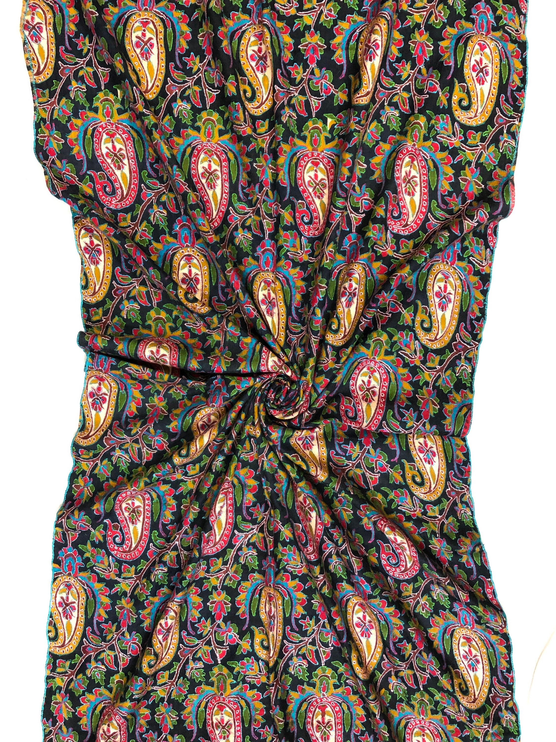 English ivy exclusive paisley pattern print outlined embroidered jamawar handcrafted real cashmere pashmina stole scarf shawl - Mehraj Crafts 