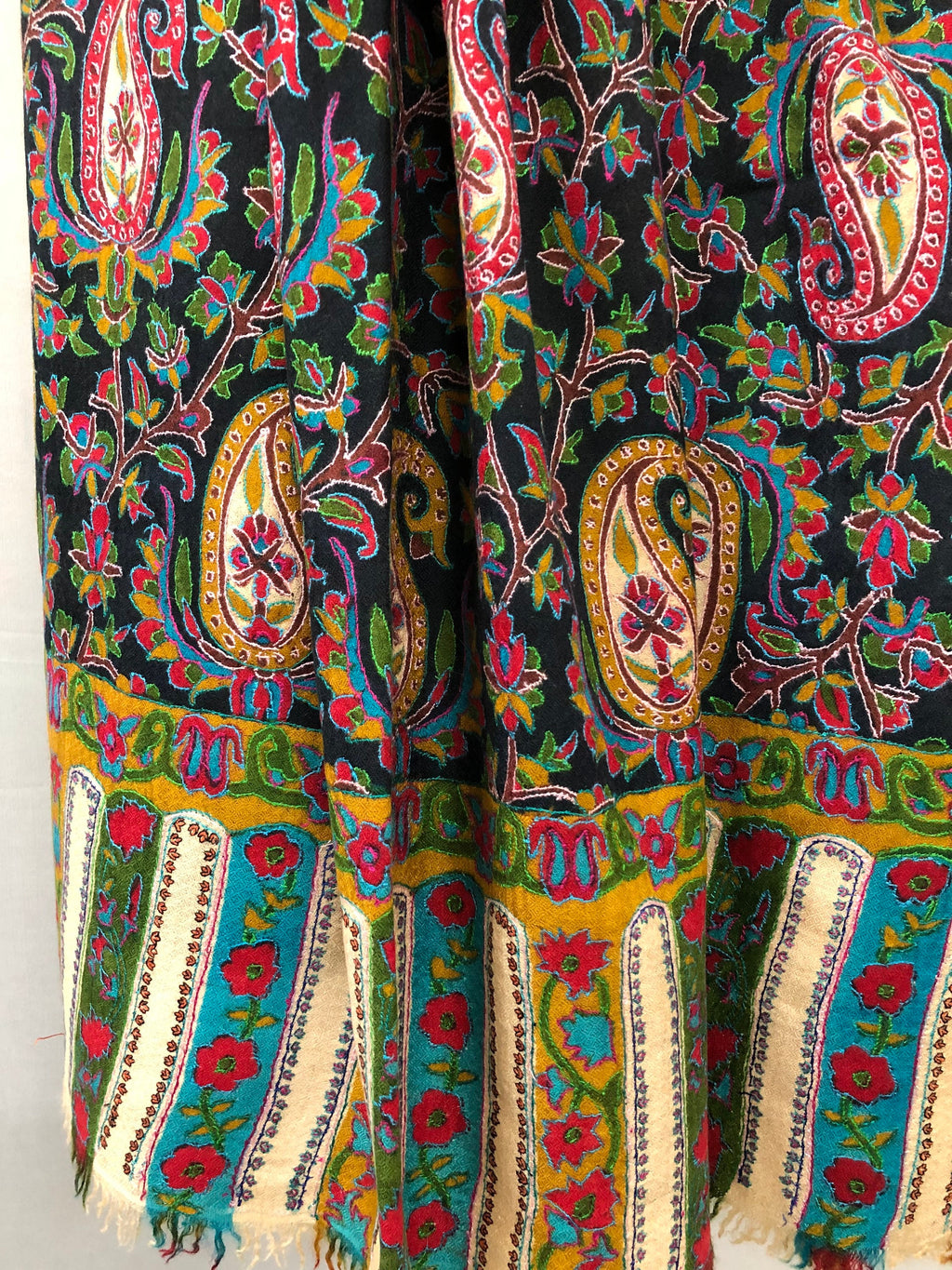 English ivy exclusive paisley pattern print outlined embroidered jamawar handcrafted real cashmere pashmina stole scarf shawl - Mehraj Crafts 