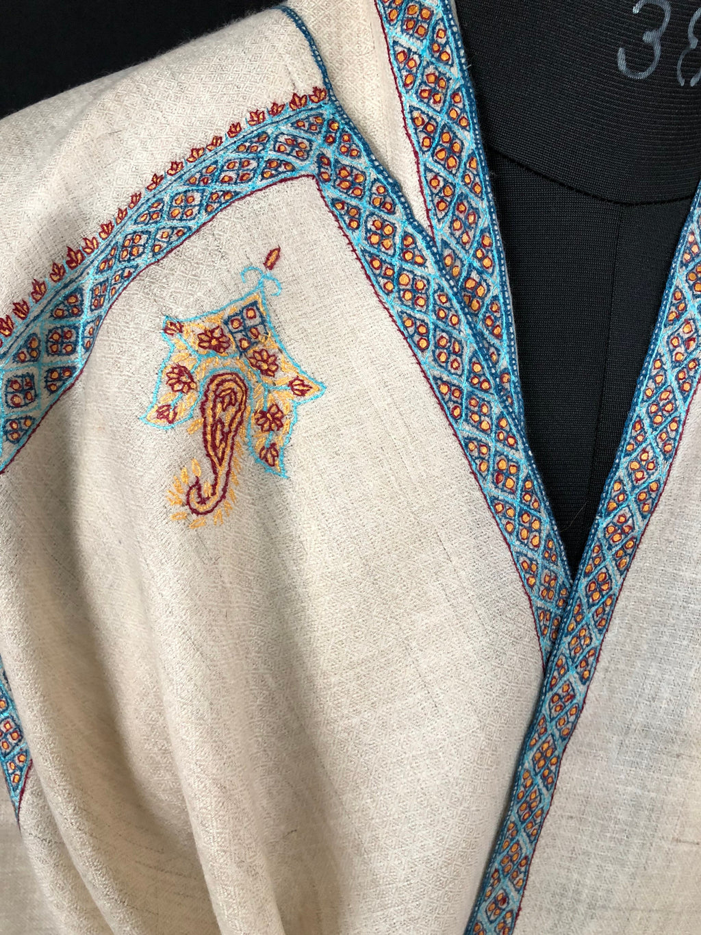 pashmina shawl for women Whitecap grey sozni super fine hand Embroidered border handwoven real cashmere pashmina stole scarf shawl - Mehraj Crafts 