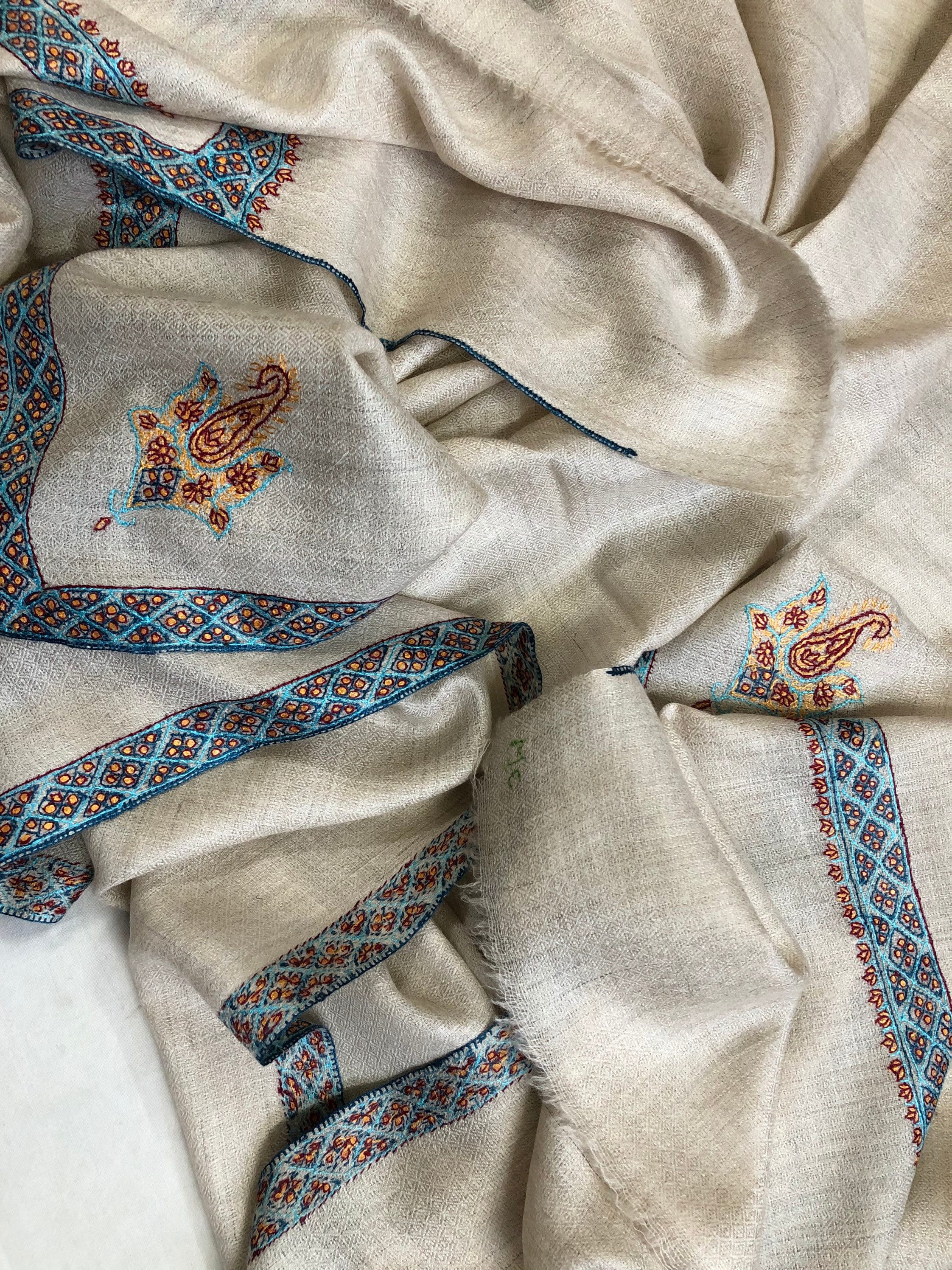 pashmina shawl for women Whitecap grey sozni super fine hand Embroidered border handwoven real cashmere pashmina stole scarf shawl - Mehraj Crafts 