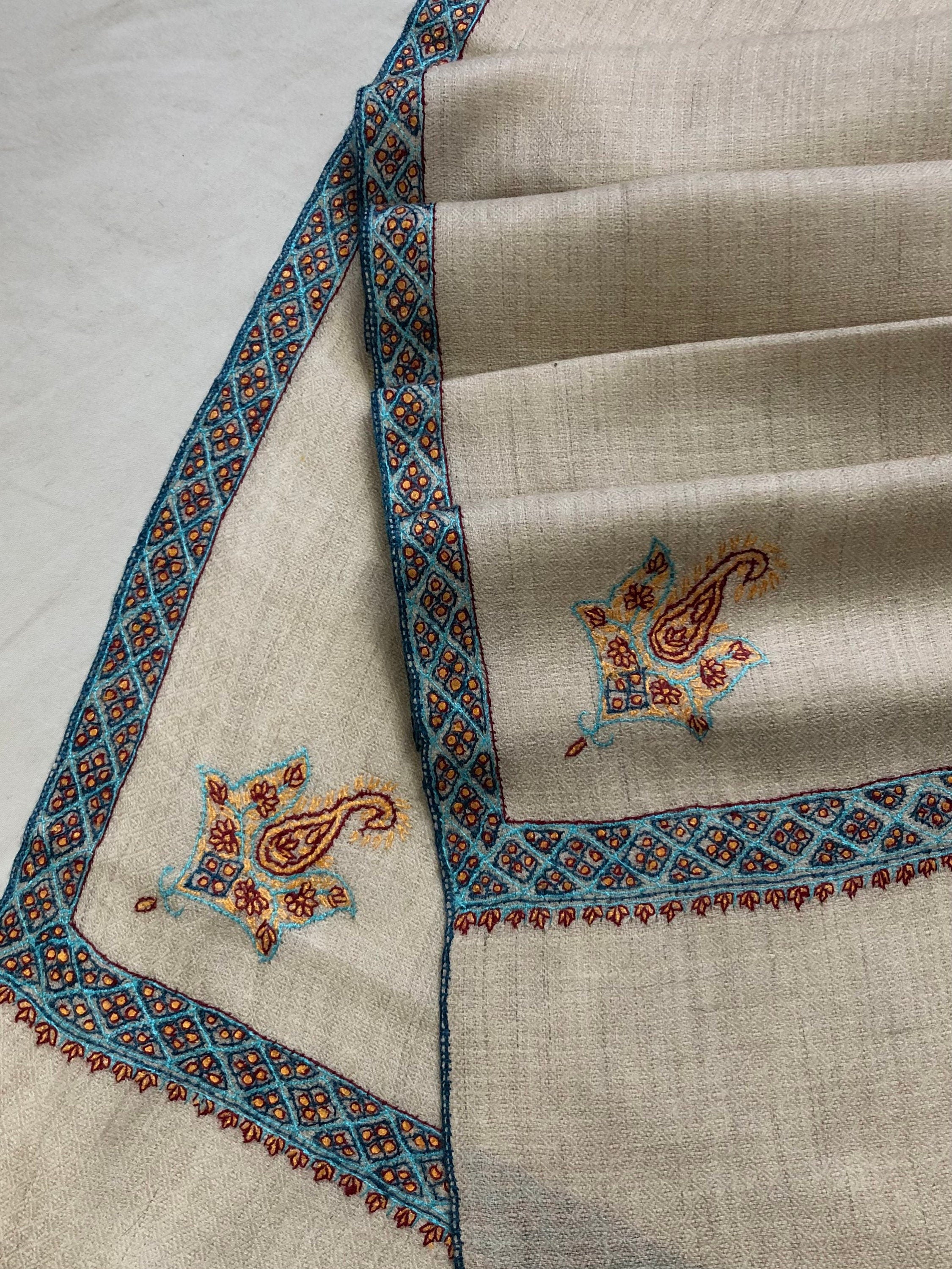 pashmina shawl for women Whitecap grey sozni super fine hand Embroidered border handwoven real cashmere pashmina stole scarf shawl - Mehraj Crafts 