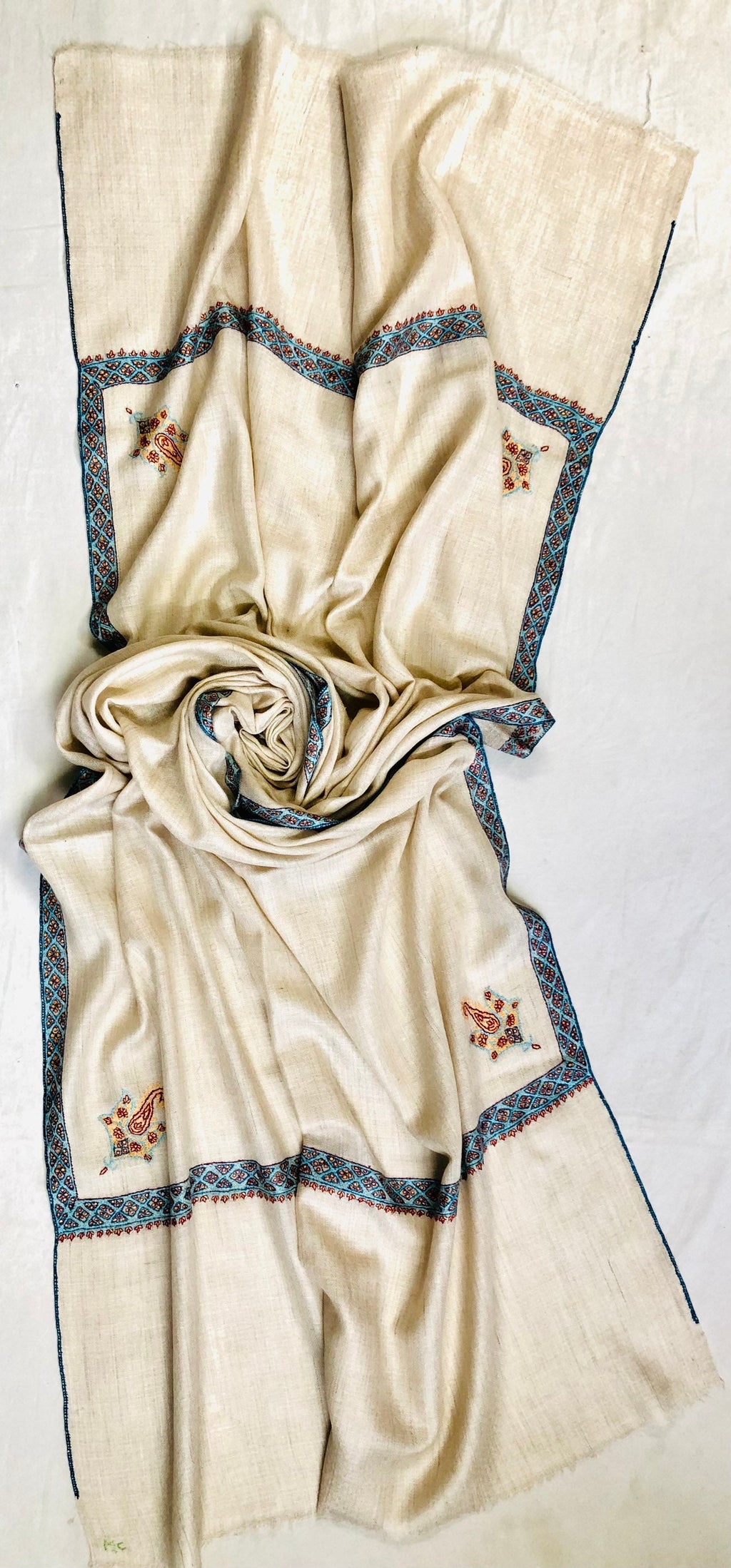 pashmina shawl for women Whitecap grey sozni super fine hand Embroidered border handwoven real cashmere pashmina stole scarf shawl - Mehraj Crafts 