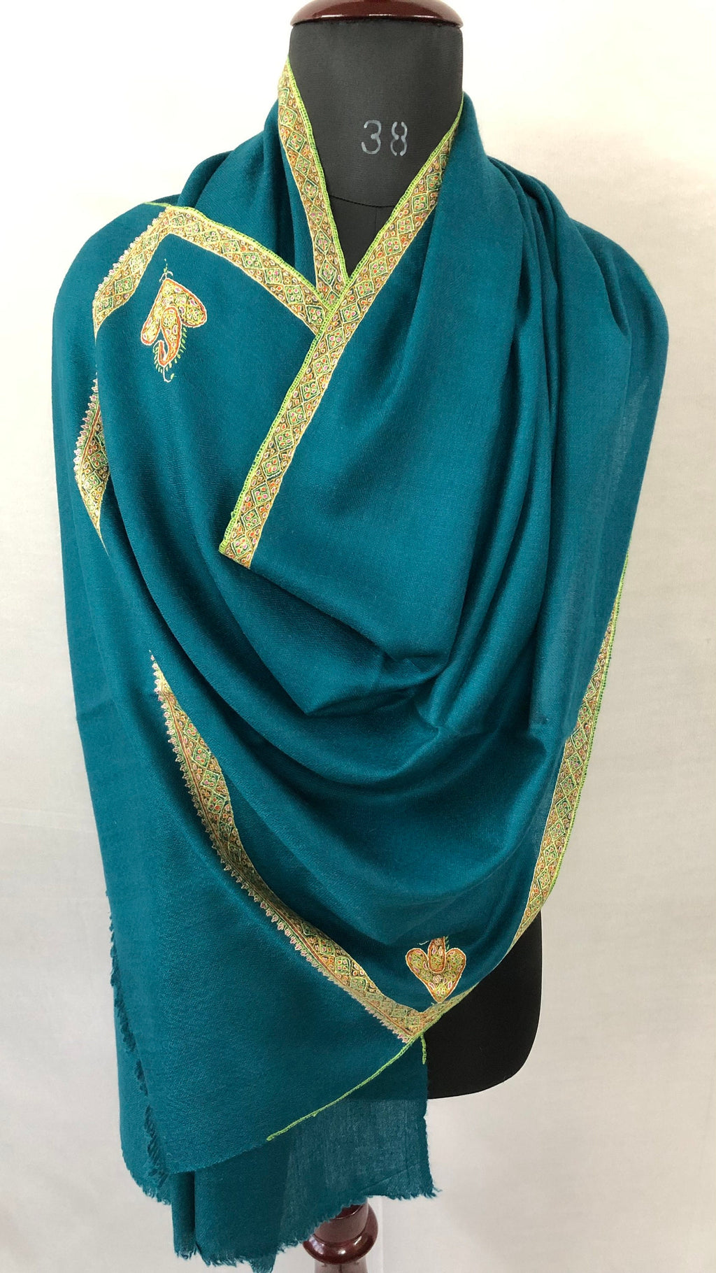 pashmina shawl for women Ocean depths sozni super fine hand Embroidered border handwoven real cashmere pashmina stole scarf shawl - Mehraj Crafts 