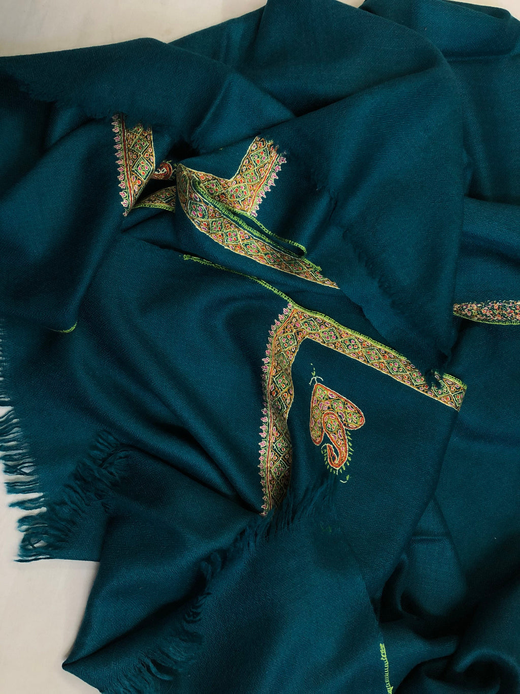 pashmina shawl for women Ocean depths sozni super fine hand Embroidered border handwoven real cashmere pashmina stole scarf shawl - Mehraj Crafts 