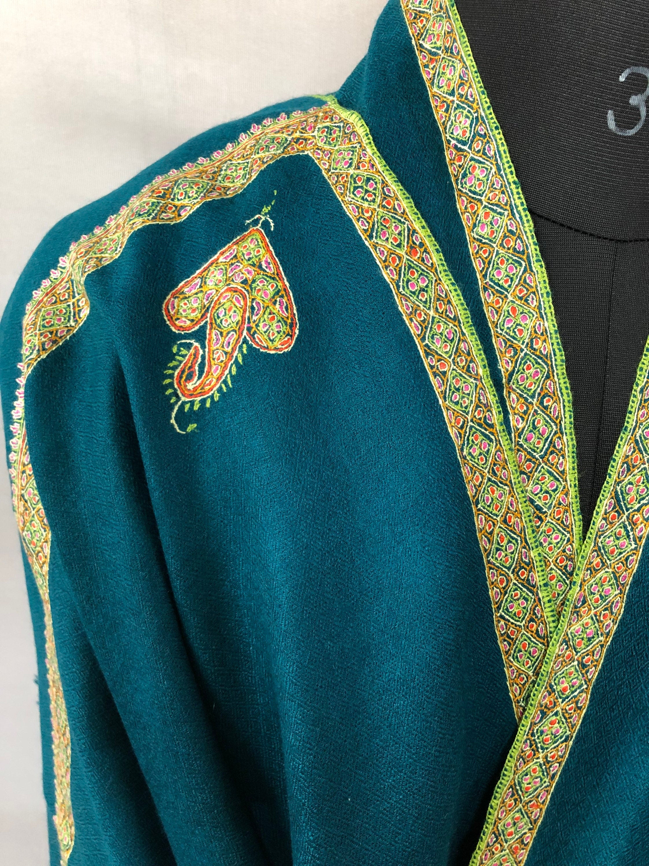 pashmina shawl for women Ocean depths sozni super fine hand Embroidered border handwoven real cashmere pashmina stole scarf shawl - Mehraj Crafts 