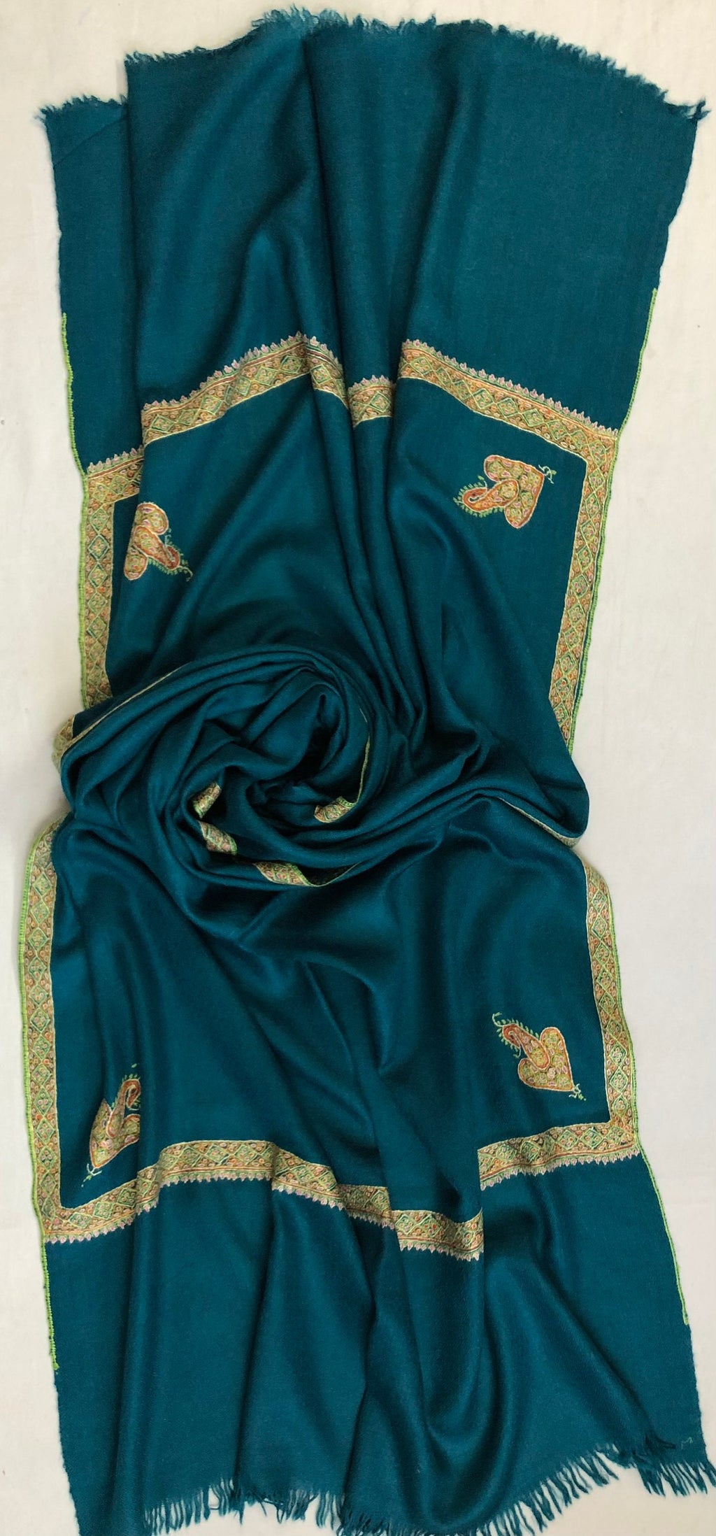 pashmina shawl for women Ocean depths sozni super fine hand Embroidered border handwoven real cashmere pashmina stole scarf shawl - Mehraj Crafts 