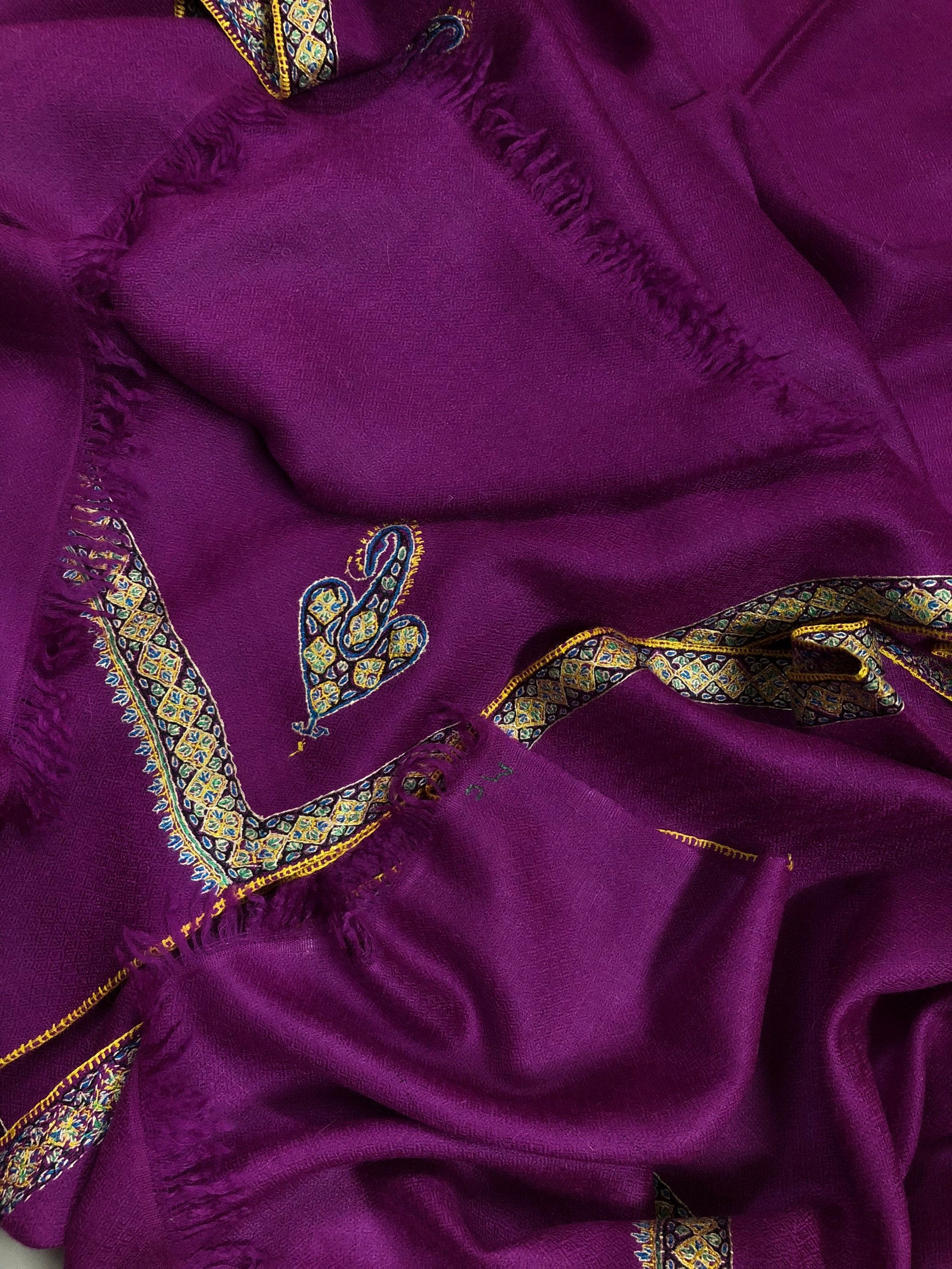 pashmina shawl for women Deep orchid sozni super fine hand Embroidered border handwoven real cashmere pashmina stole scarf shawl - Mehraj Crafts 