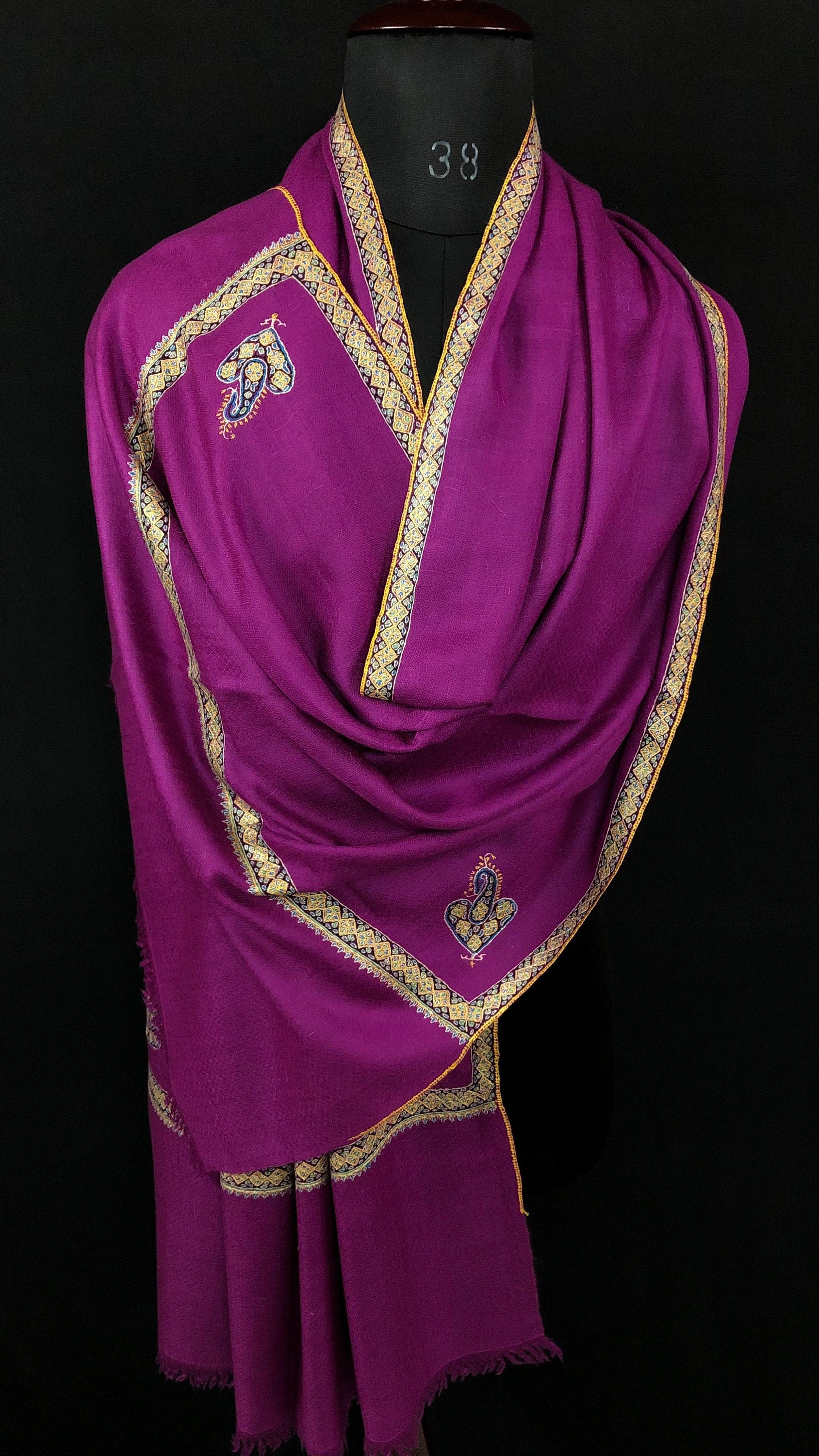 pashmina shawl for women Deep orchid sozni super fine hand Embroidered border handwoven real cashmere pashmina stole scarf shawl - Mehraj Crafts 