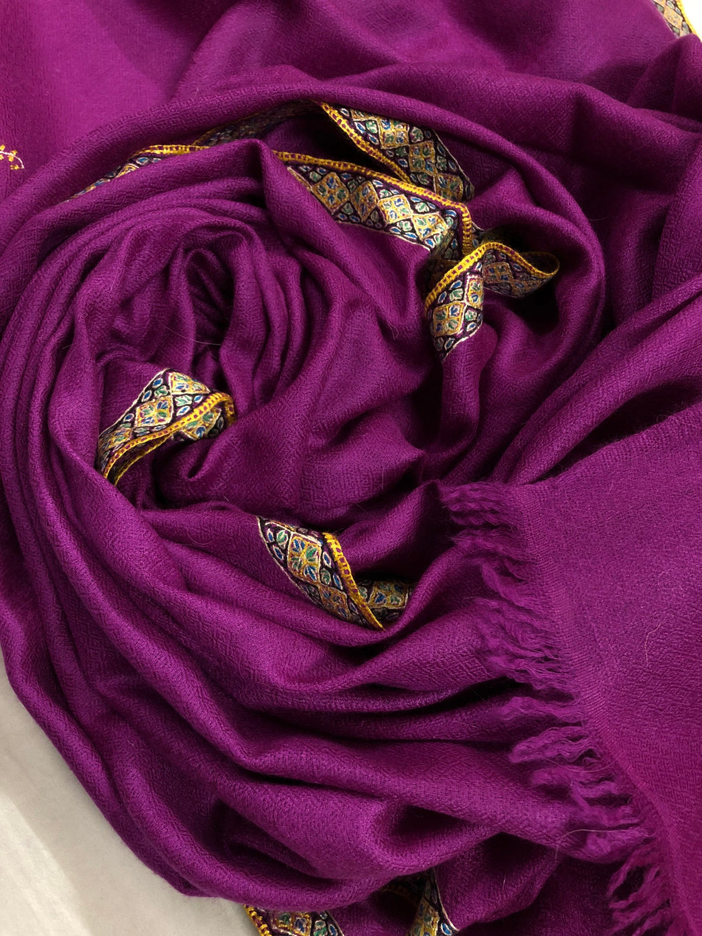 pashmina shawl for women Deep orchid sozni super fine hand Embroidered border handwoven real cashmere pashmina stole scarf shawl - Mehraj Crafts 