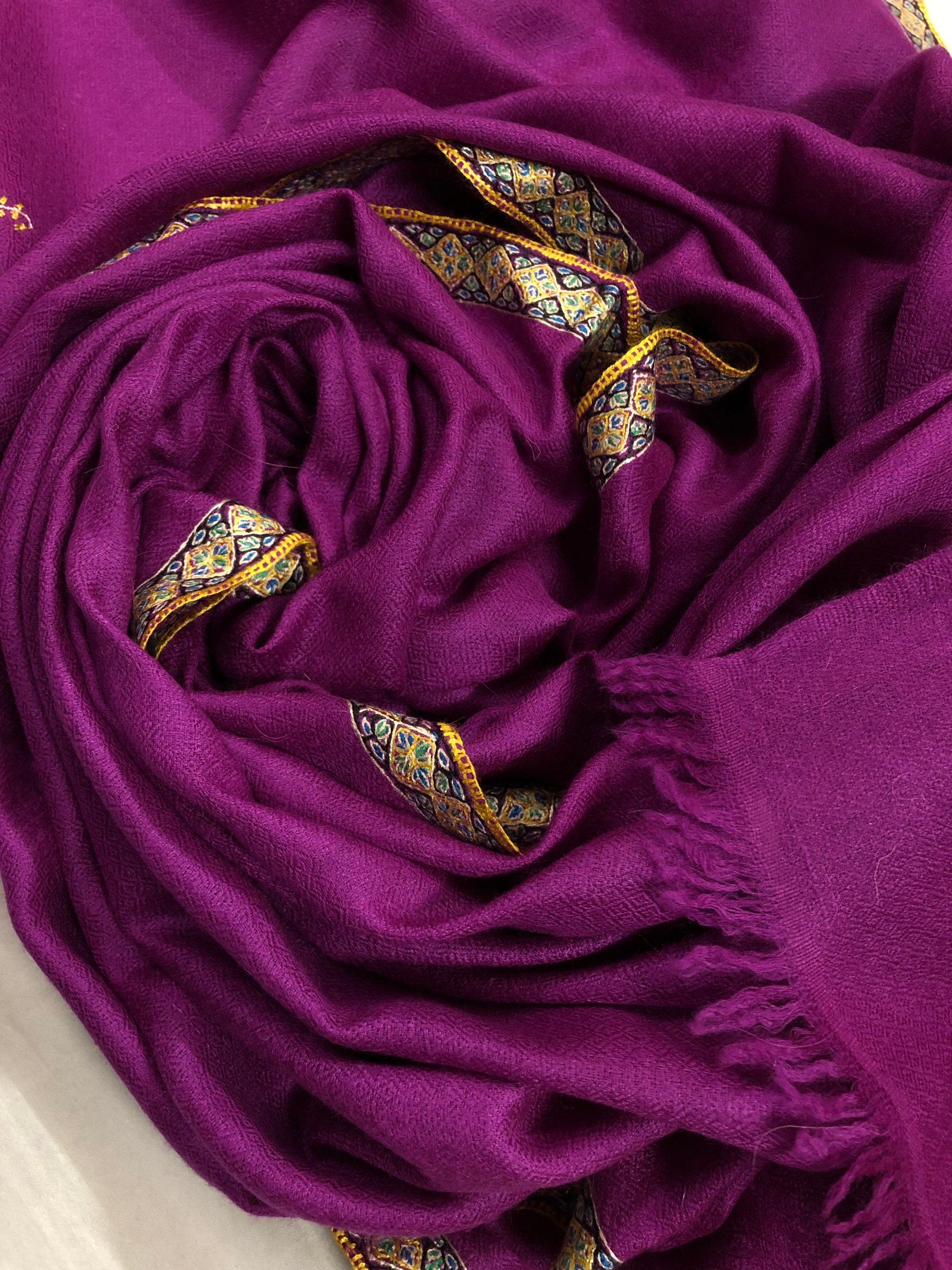 pashmina shawl for women Deep orchid sozni super fine hand Embroidered border handwoven real cashmere pashmina stole scarf shawl - Mehraj Crafts 