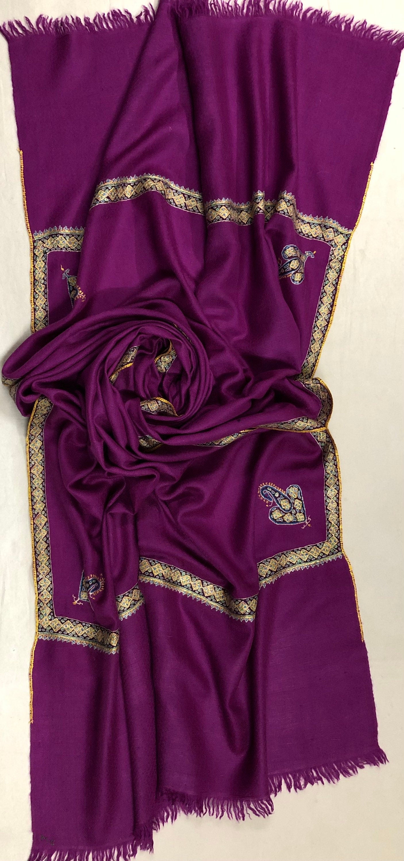 pashmina shawl for women Deep orchid sozni super fine hand Embroidered border handwoven real cashmere pashmina stole scarf shawl - Mehraj Crafts 