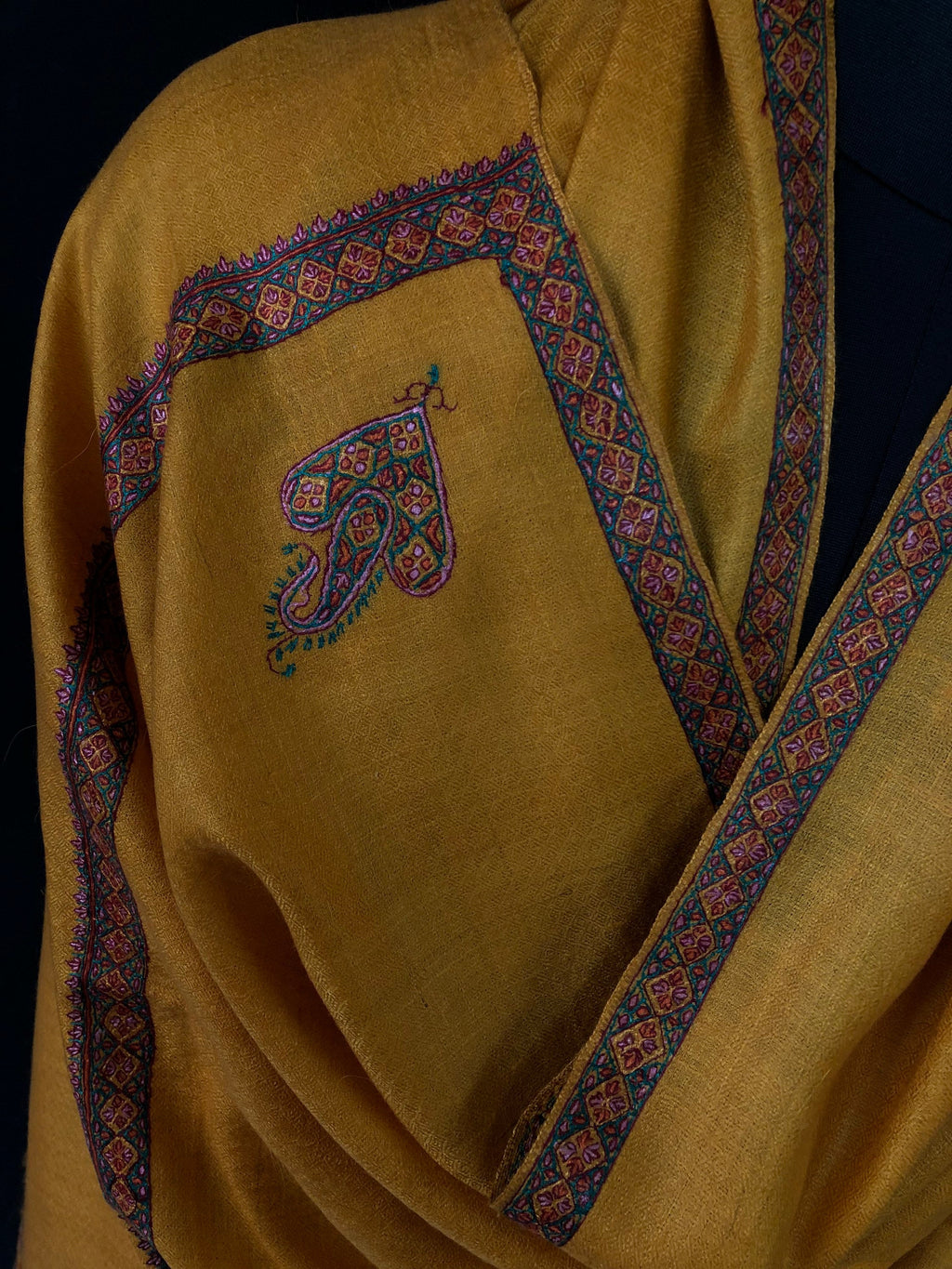 Cadmium yellow sozni super fine hand Embroidered border handwoven real cashmere pashmina stole scarf shawl - Mehraj Crafts 