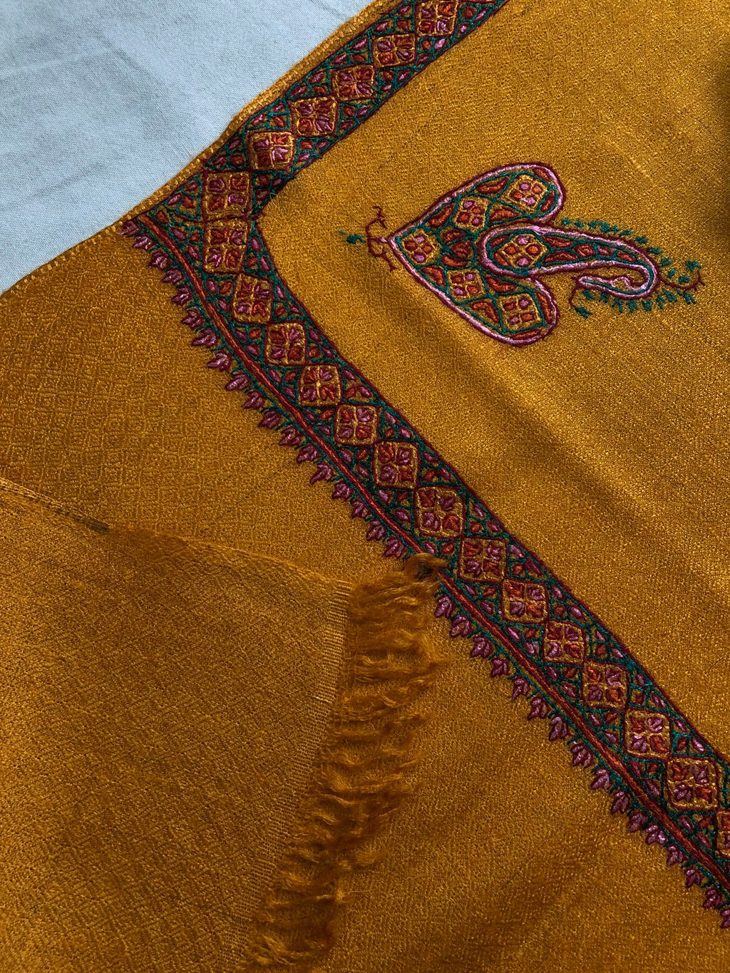 Cadmium yellow sozni super fine hand Embroidered border handwoven real cashmere pashmina stole scarf shawl - Mehraj Crafts 
