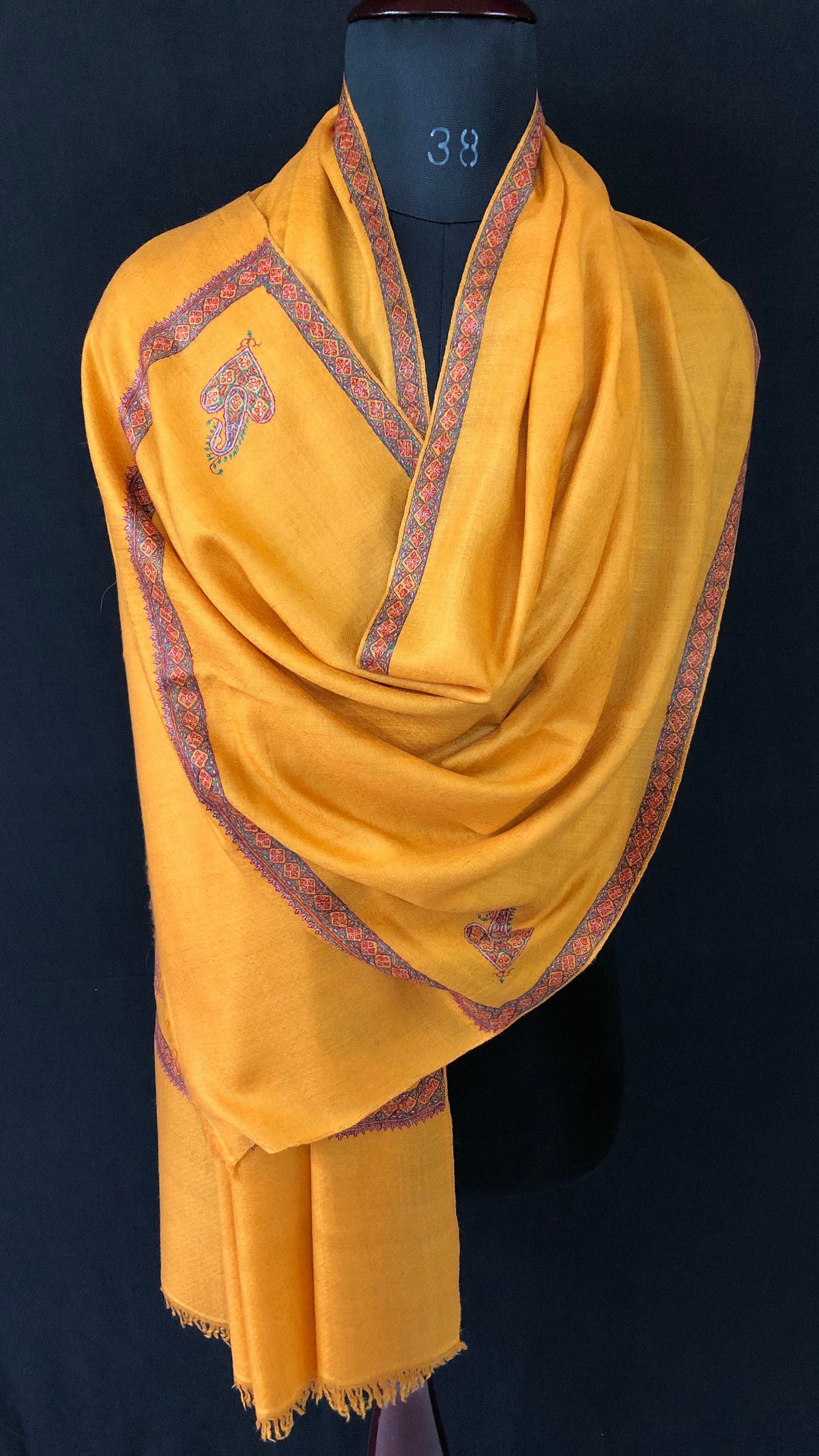 Cadmium yellow sozni super fine hand Embroidered border handwoven real cashmere pashmina stole scarf shawl - Mehraj Crafts 