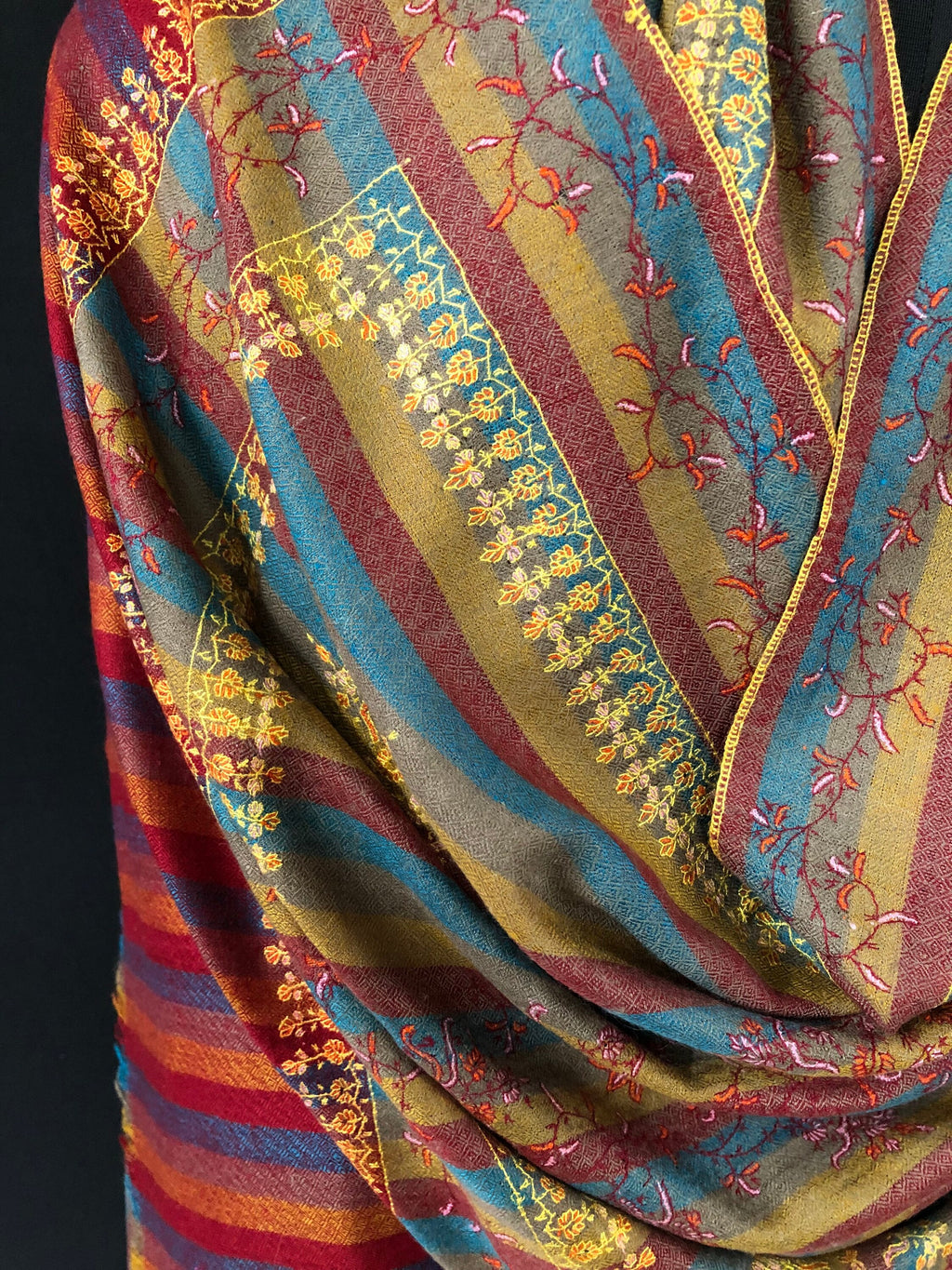 Pashmina cyber monday Multitrack pencil stripes modern design super micro fine hand embroidered real cashmere pashmina stole shawl - Mehraj Crafts 