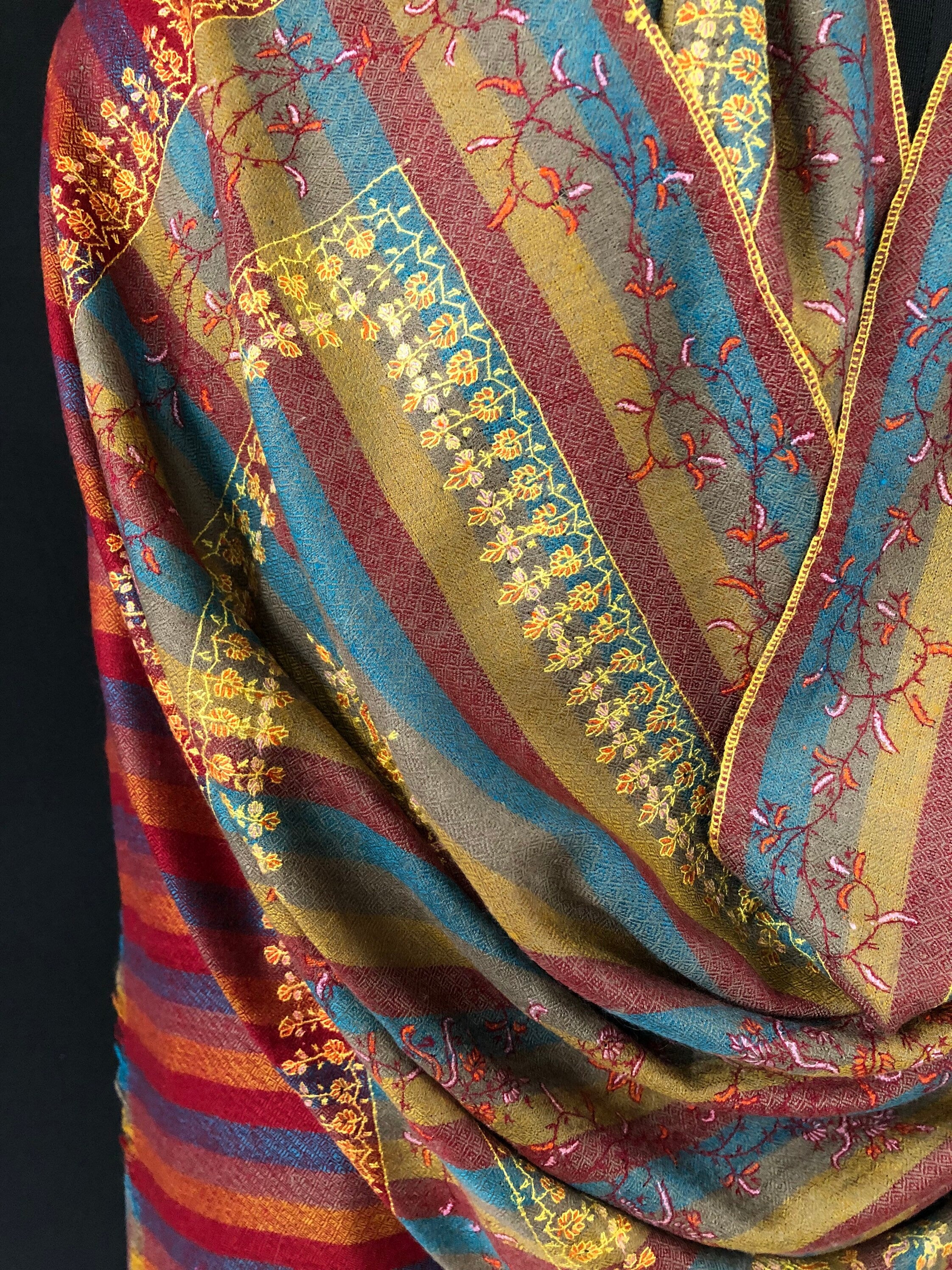 Pashmina cyber monday Multitrack pencil stripes modern design super micro fine hand embroidered real cashmere pashmina stole shawl - Mehraj Crafts 