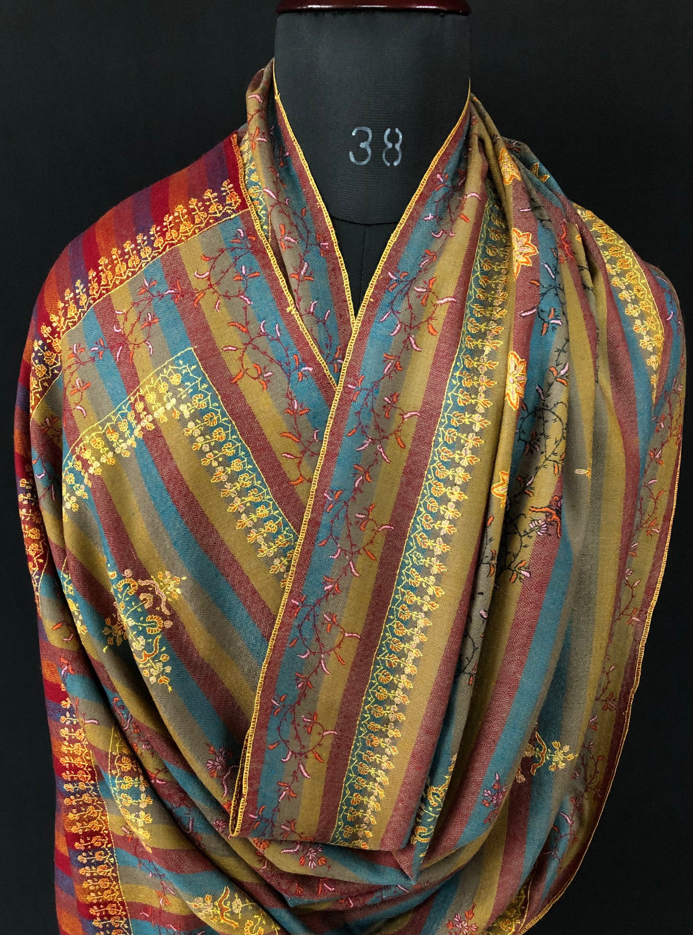 Hand Embroidered Cashmere Pashmina Stole: Multicolored Striped Shawl