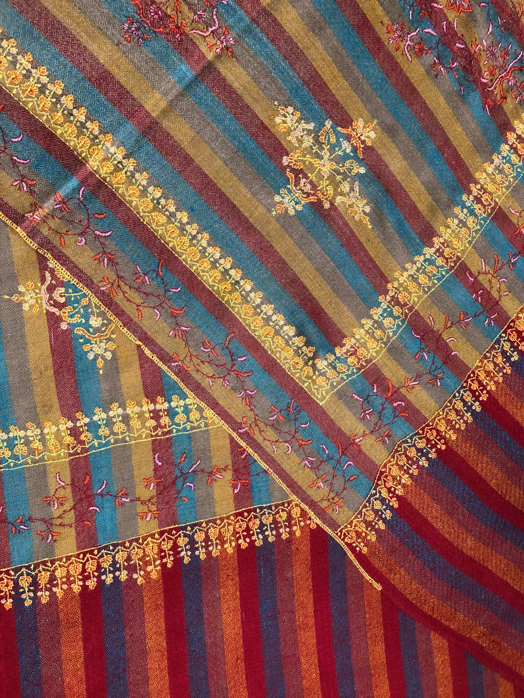 Hand Embroidered Cashmere Pashmina Stole: Multicolored Striped Shawl